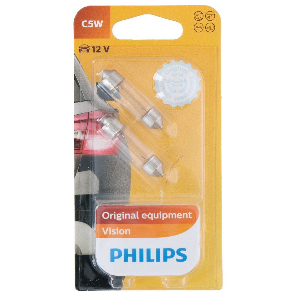 Philips KFZ-Ersatzleuchte 2x Philips Vision C5W Soffitte 12V 5W 36mm SV8,5 Glühlampen, C5W-/SV8,5-Fassung, 2 St., Philips Markenqualität, OEM-Standard, 36 mm Soffitte