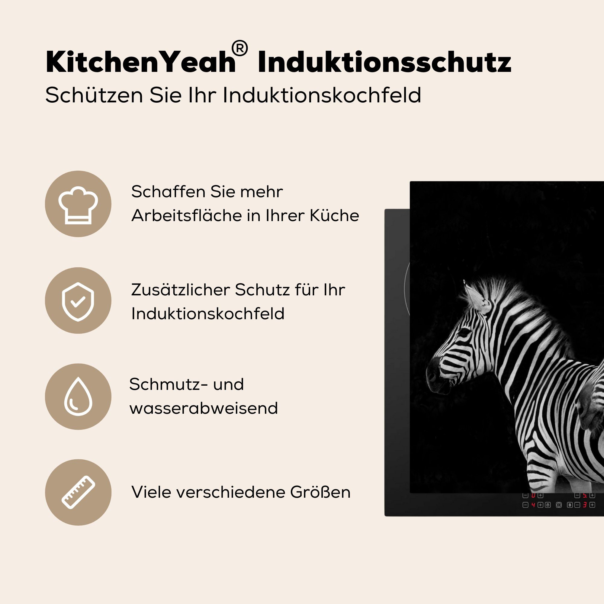 Induktionskochfeld, Induktionsschutz, tlg), - Schwarz, MuchoWow 59x51 Zebra Tiere Herdblende-/Abdeckplatte Vinyl, - - cm, Weiß Ceranfeldabdeckung (1
