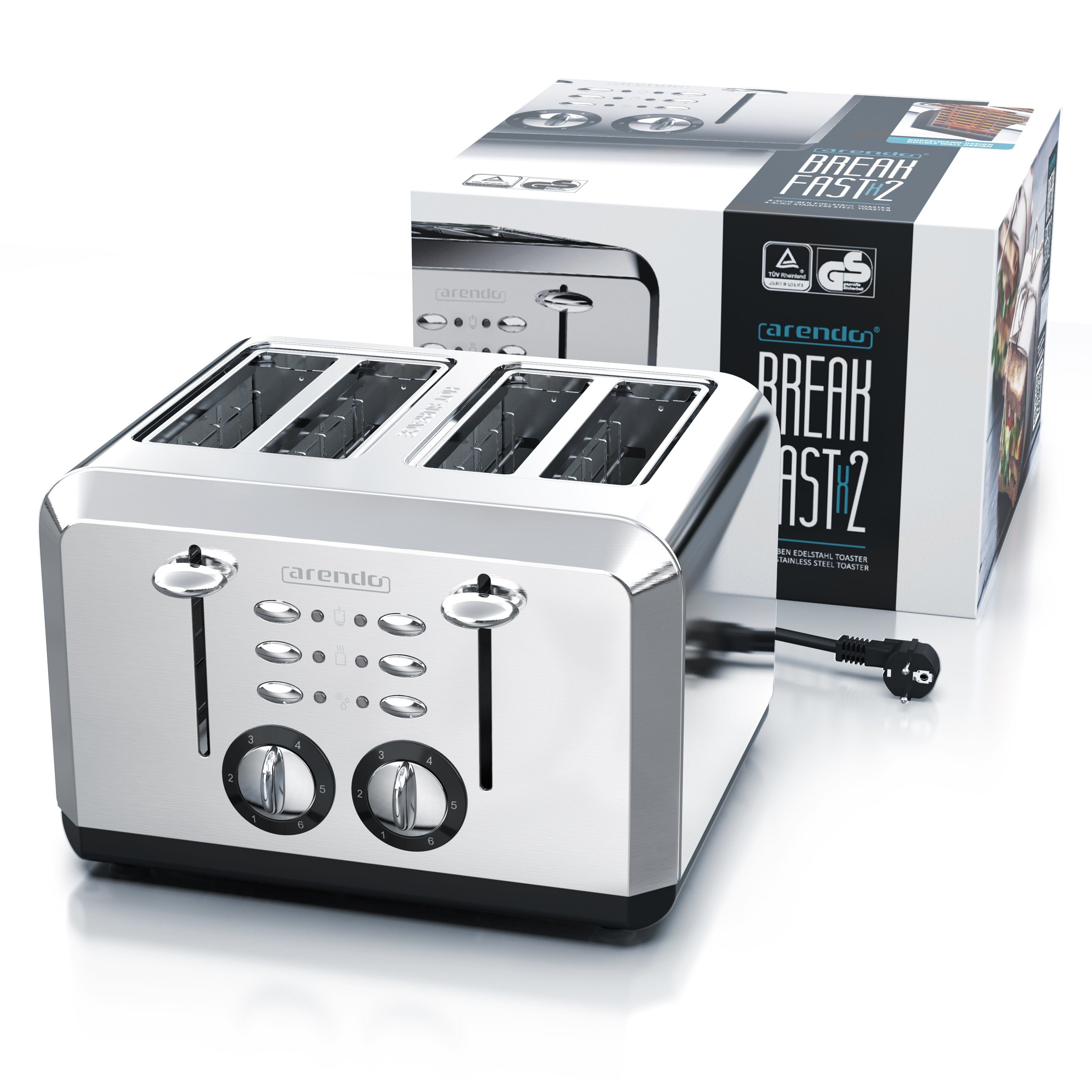 Arendo Toaster, Automatik, 1630 Wärmeisolierendes silber Doppelwandgehäuse Edelstahl, 4 W, für 4 kurze Schlitze, Scheiben