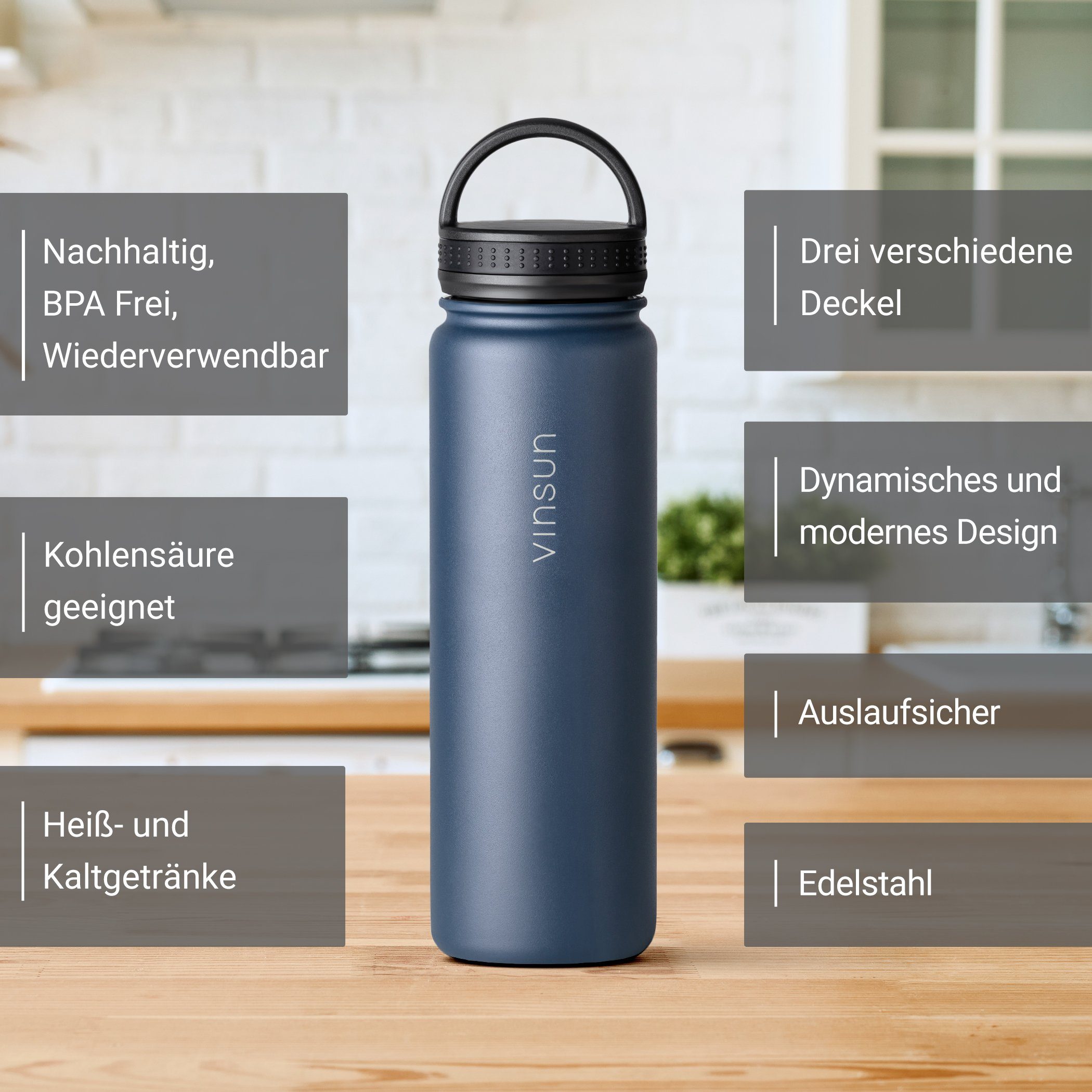 Vinsun Isolierflasche Edelstahl Trinkflasche 500ml, 3 Deckel, auslaufsicher, doppelwandig, 3 Deckel - Strohhalm, Trinköffnung, Schraubverschluss