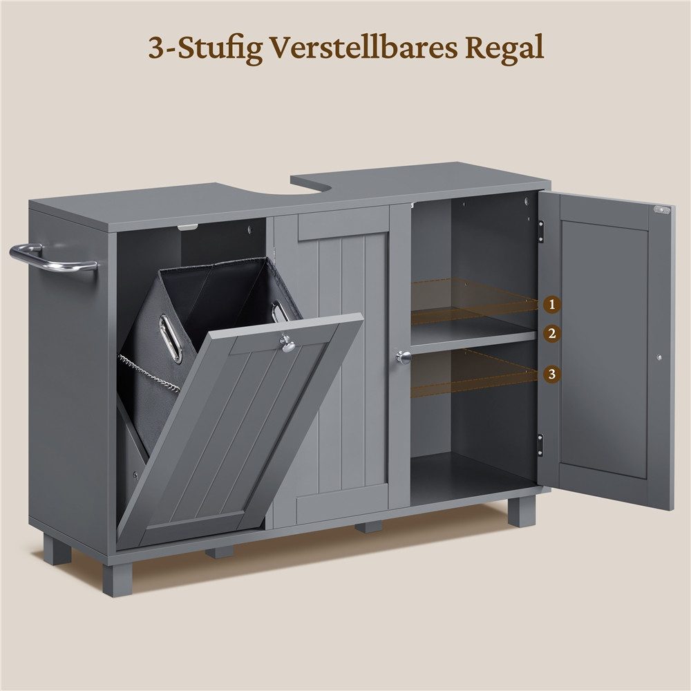 Yaheetech Waschbeckenunterschrank Badunterschrank mit 3 Türen und Verstellbarem Einlegeboden 90 cm L × 30 cm B × 62,5 cm H Unterschrank mit Integriertem Wäschek – Bild 5 von 5