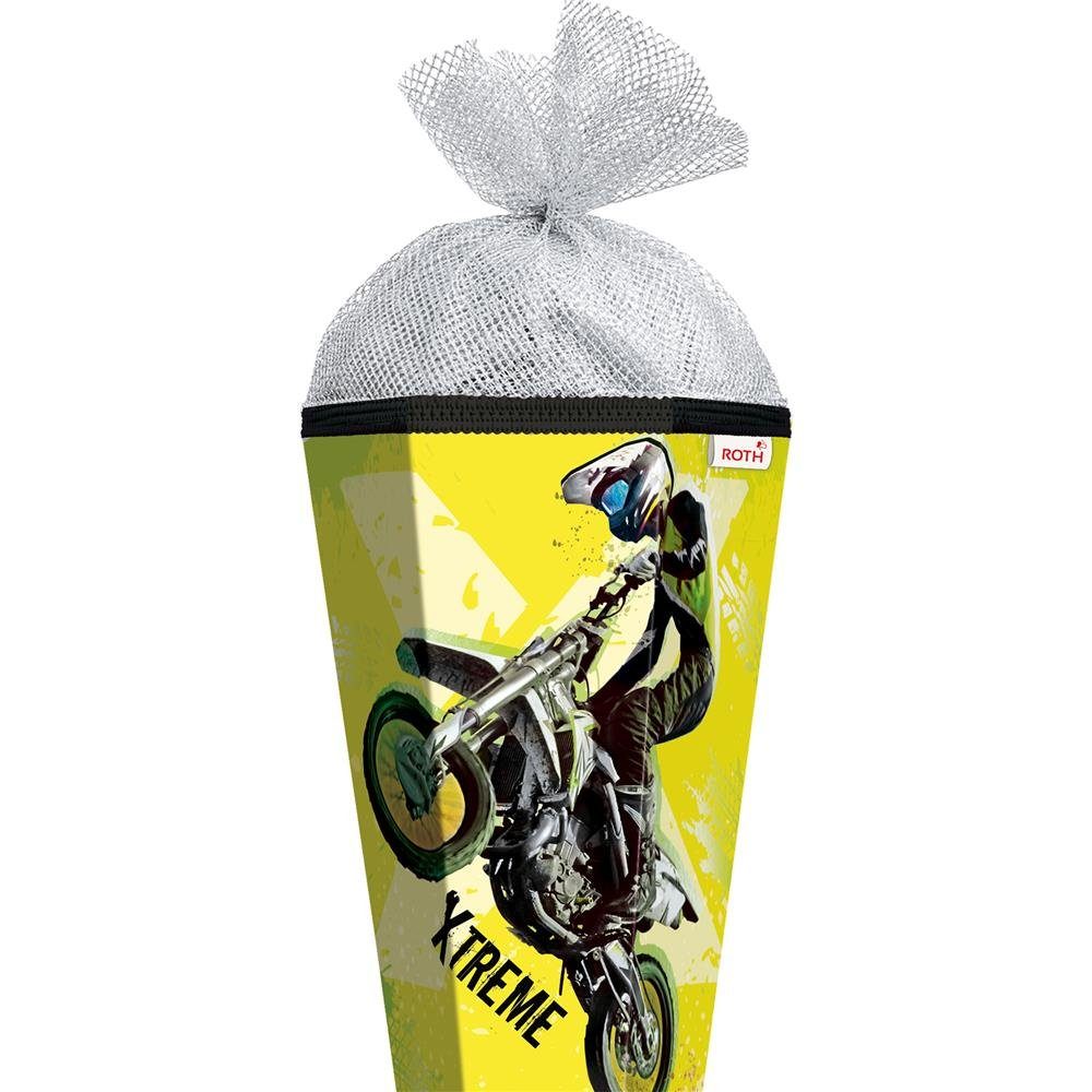 Roth Schultüte Extreme Motocross mit Folieneffekt, 85 cm, eckig, mit silberfarbigem Tüllverschluss, für Schulanfang