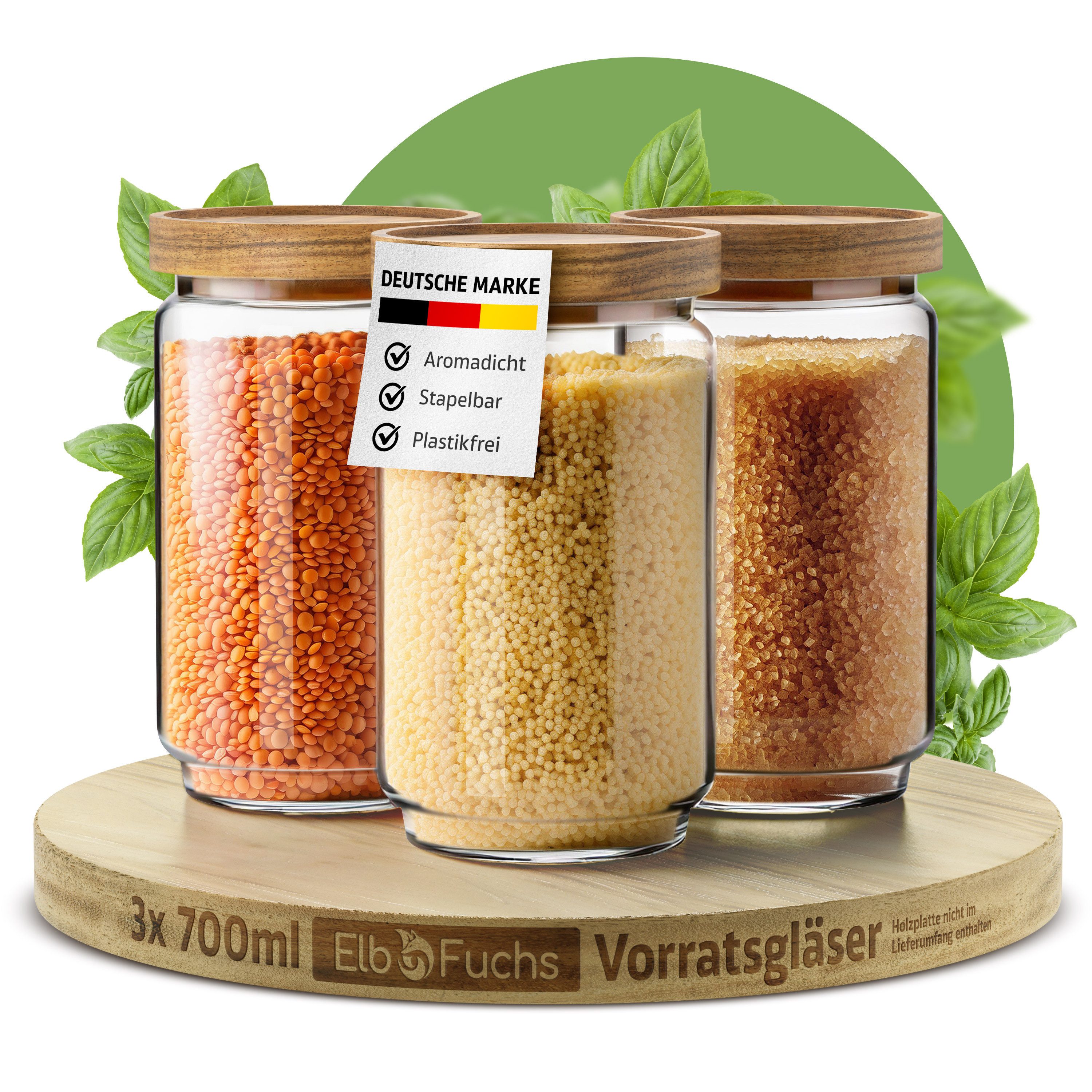 ElbFuchs Vorratsglas mit Holzdeckel, luftdicht schließend, Borosilikatglas, (Set, 3-tlg., 700 ml), BPA-FREI & MOTTENSICHER