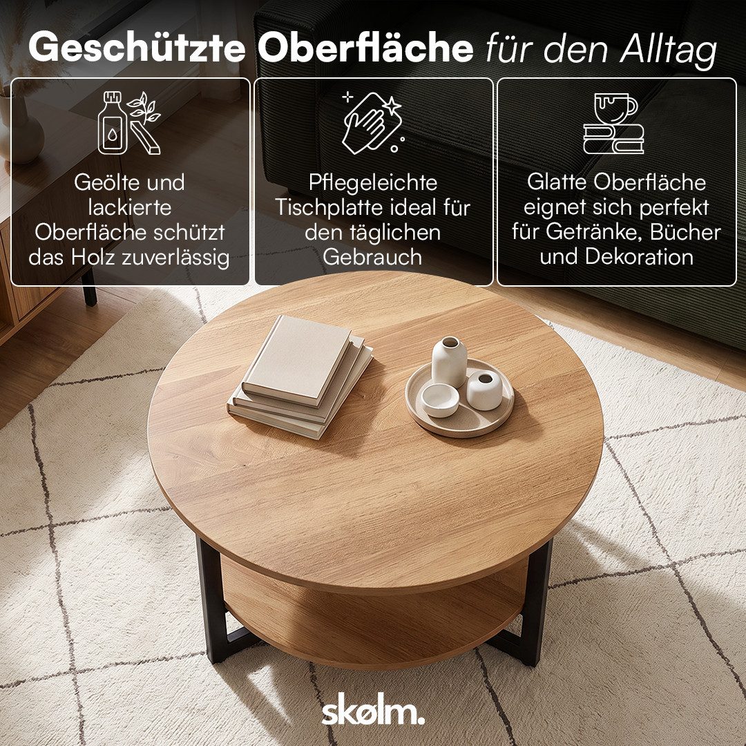 skølm Couchtisch Drakkar aus Massivholz Eiche, Tisch mit Metallgestell (Natur), Wohnzimmertisch Ø70 cm mit 2 Ablageflächen – Bild 4 von 5