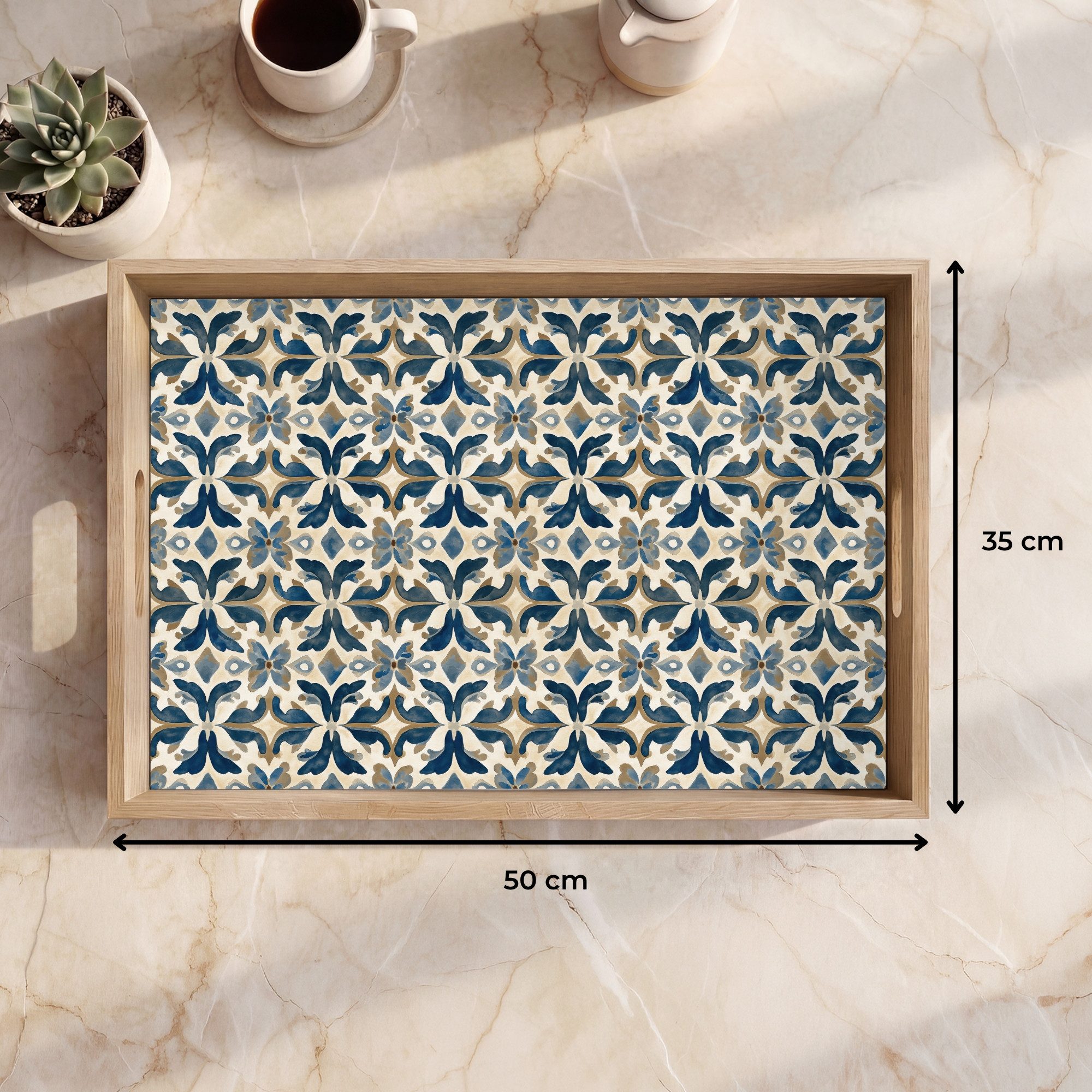 OnlyWow Tablett Rechteckig mit Henkel Fliese - Muster - Blau - Beige, Eichenholz, (1-tlg), Servierbrett Groß, Tischdeko, Platte, Tisch Deko