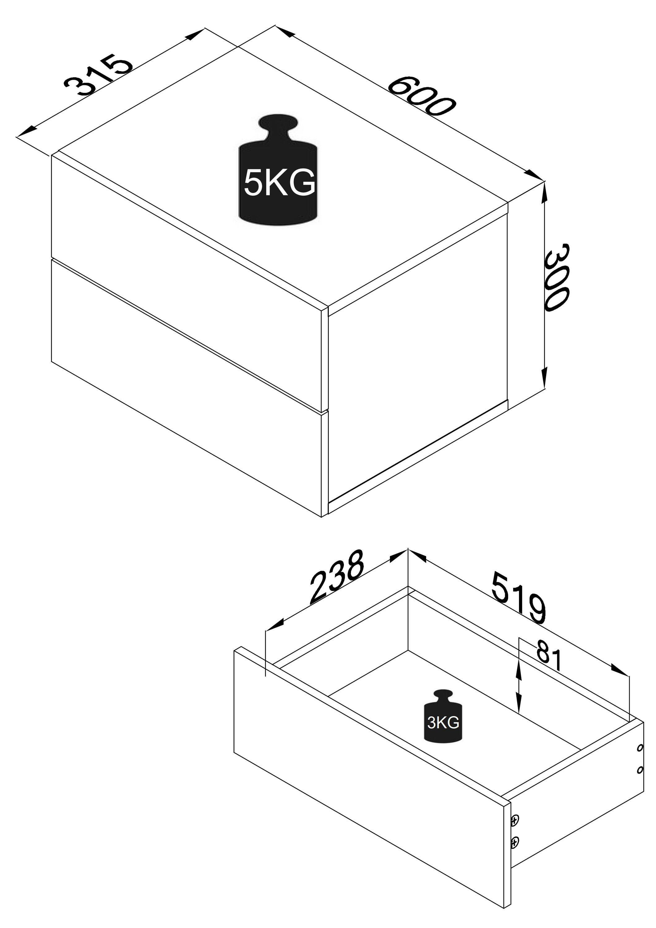 VCM Nachttisch Usal L mit 2 Schubladen B. 60 x T. 32 x H. 30 cm, Nachtkonsole, Stauraum im Schlafzimmer, Wandschublade – Bild 4 von 4