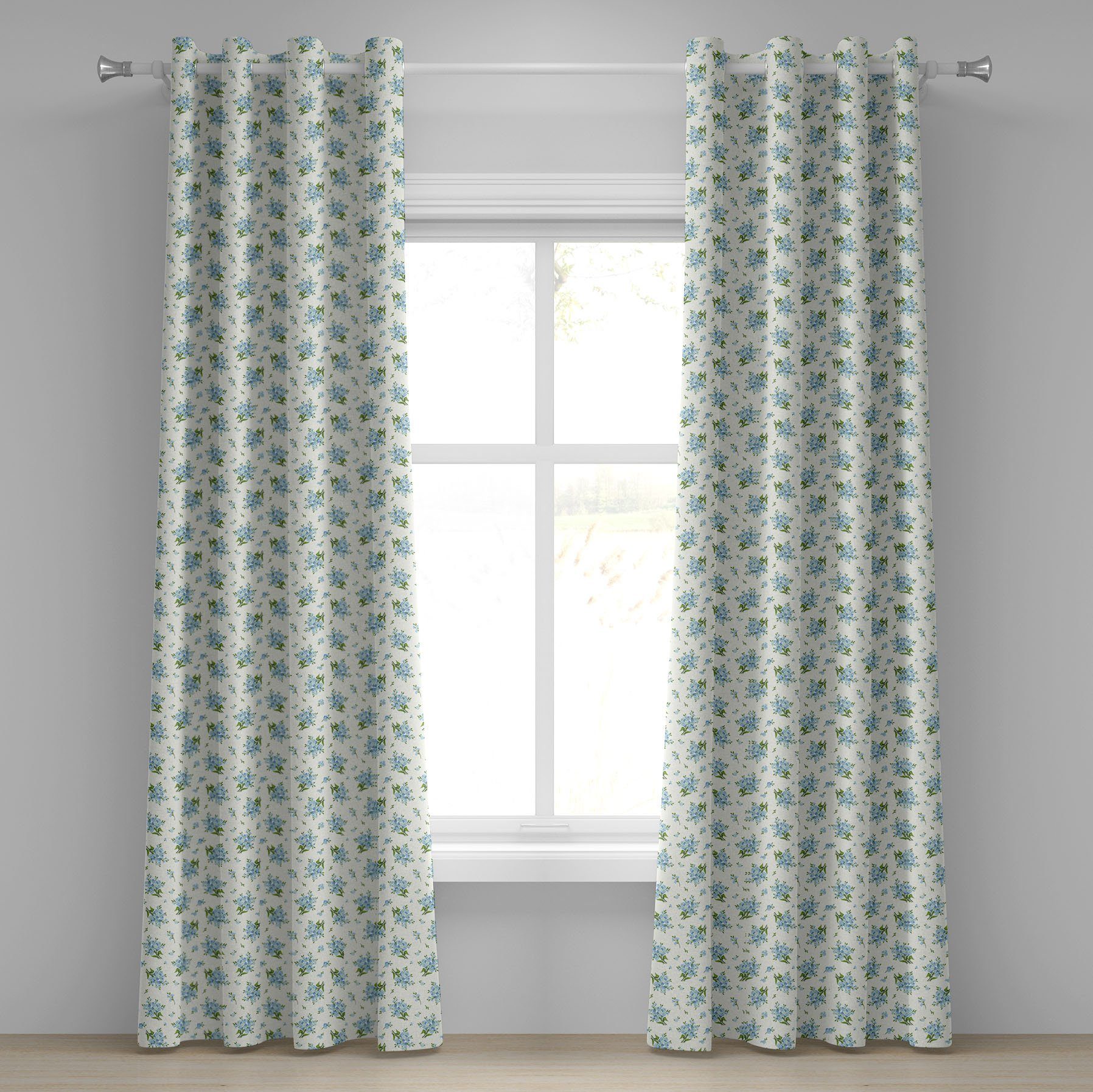 Gardine Dekorative 2-Panel-Fenstervorhänge für Schlafzimmer Wohnzimmer, Abakuhaus, Elfenbein und Blau Frühlings-Blätter