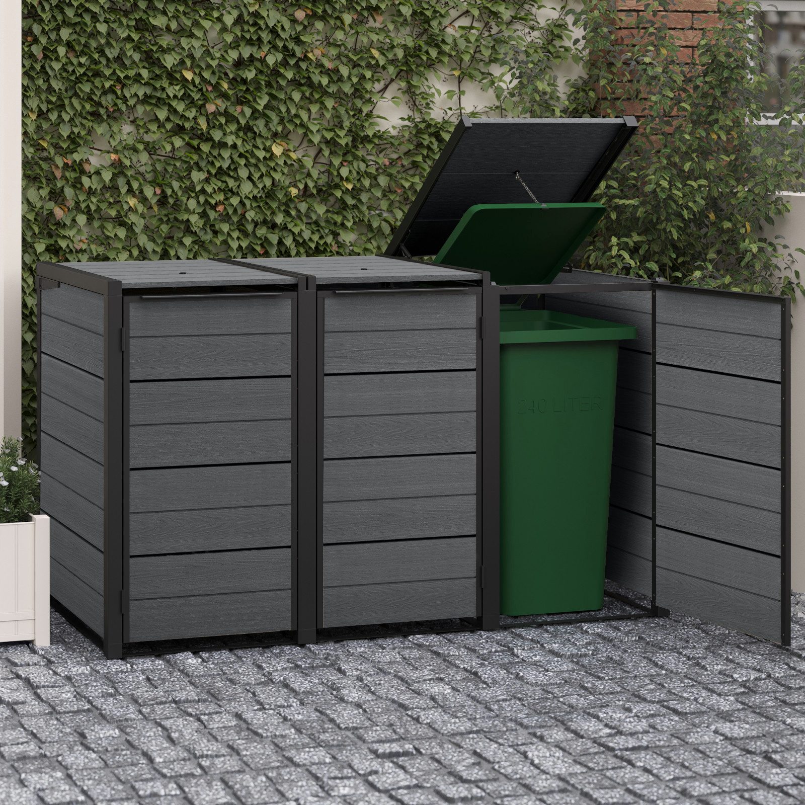 Keter Mülltonnenbox "Hide Away", 240L je Box, Anthrazit, Holzoptik, nahtlos erweiterbar