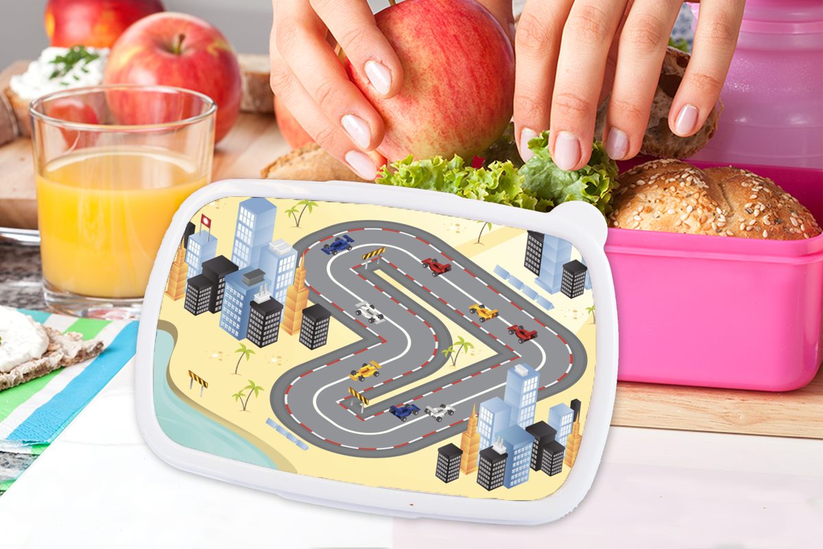 Brotbox Erwachsene, Kunststoff Illustration, einer Kunststoff, mit Eine (2-tlg), MuchoWow Rennstrecke fiktive für F1-Autos Snackbox, Mädchen, rosa in Lunchbox Kinder, Brotdose