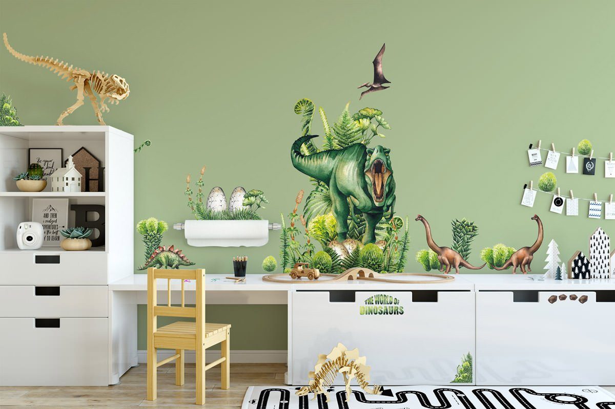 Sunnywall Wandtattoo XXL Wandtattoo Kinder Dinosaurier Set Kinderzimmer Aufkleber T-Rex (XXL Set), selbstklebend