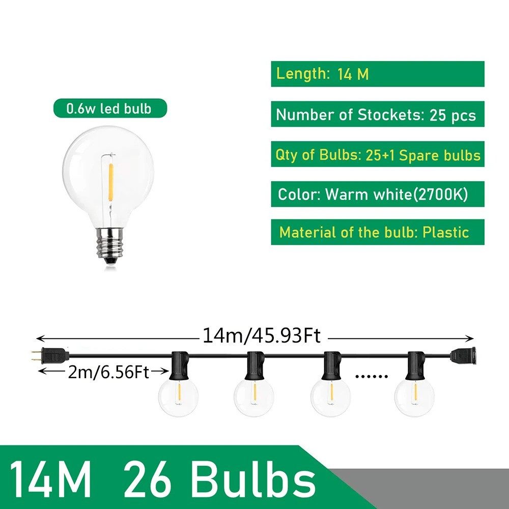 Athlix LED-Lichterkette LED-Lichterkette Lichterkette Led Außen IP44 Wetterfest Wasserdicht, Wasserdicht Glühbirnen Warmweiß, IP44 Wetterfest, G40 LED – Bild 2 von 5