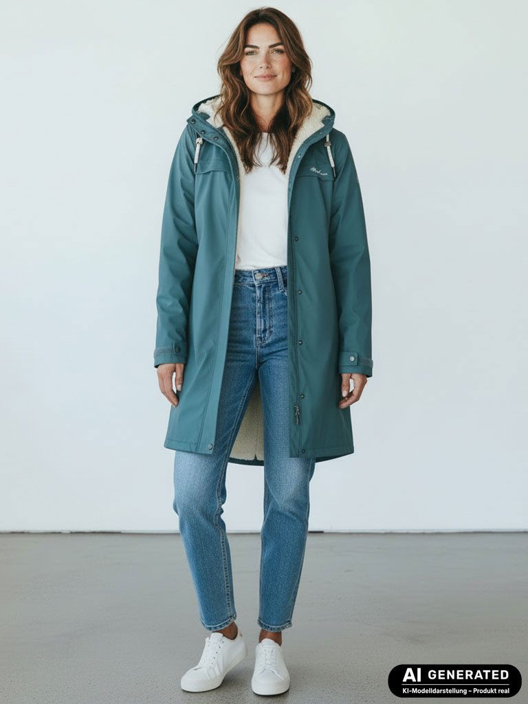 Dry Fashion Regenmantel Oslo Damen PU-Mantel Teddy-Fleece-Futter - Regenjacke Outdoor-Jacke Wind- & wasserdicht, Verschweißte Nähte, 2-Wege-Reißverschluss, Kapuze