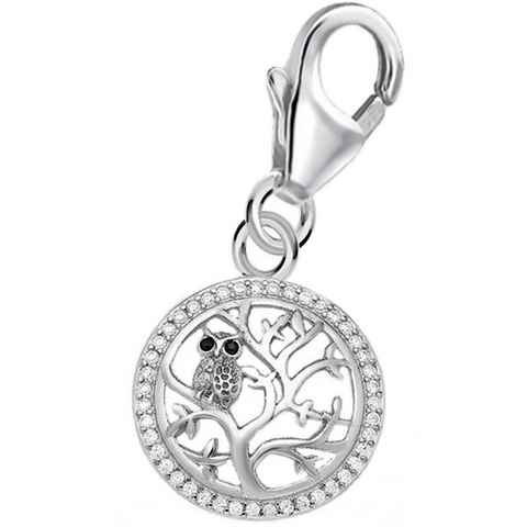 Goldene Hufeisen Charm-Einhänger Eule Lebensbaum Karabiner Charm Anhänger 925 Silber Zirkonia Steine (1 Stück, inkl. Etui), rhodiniert