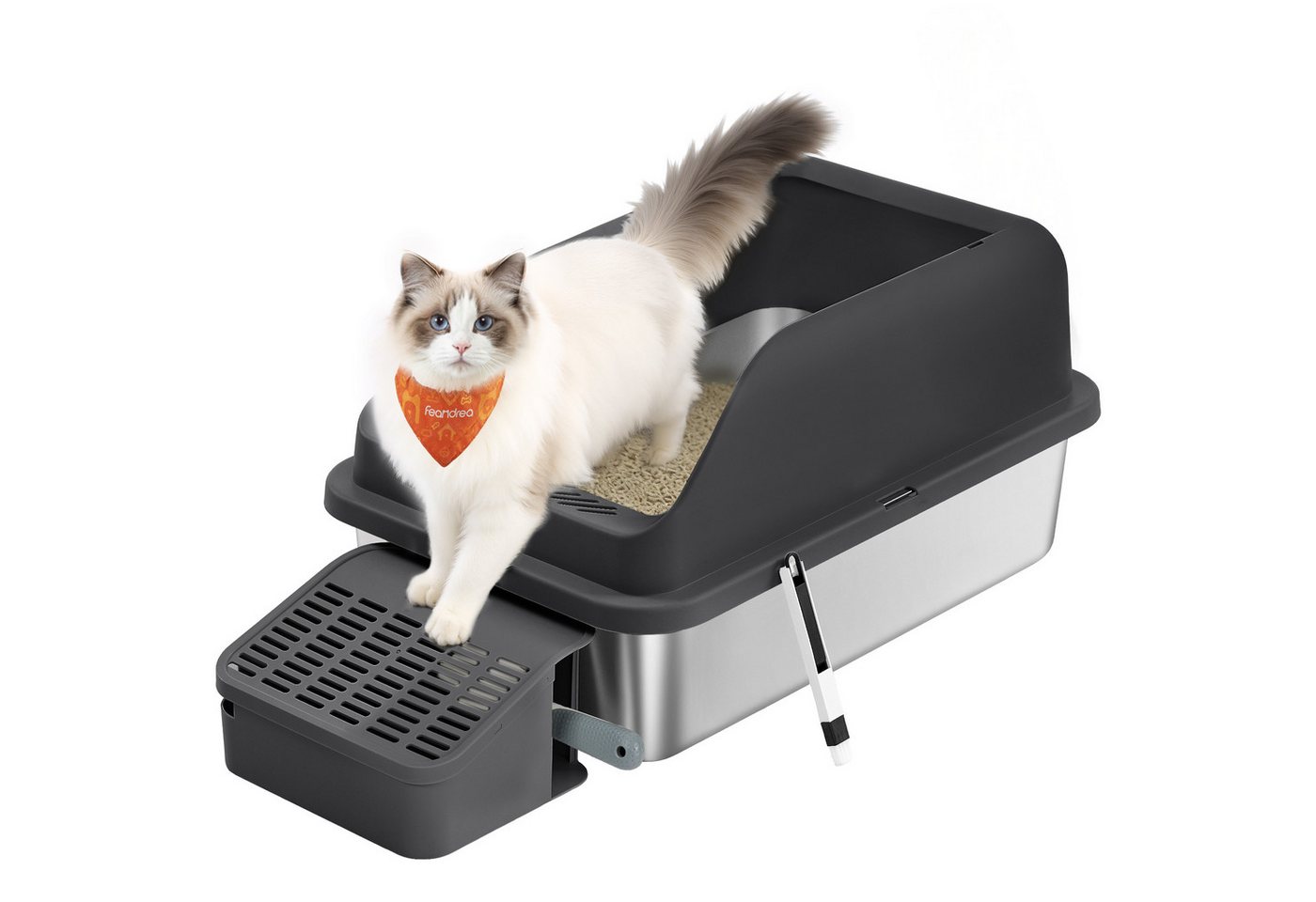FEANDREA Katzentoilette Edelstahl, mit hohen Seitenwänden, Trittstufe, Schaufel, Bürste, offenes Design, für Katzen bis zu 15 kg, 61 x 41 x 30,2 cm (L x B x H)
