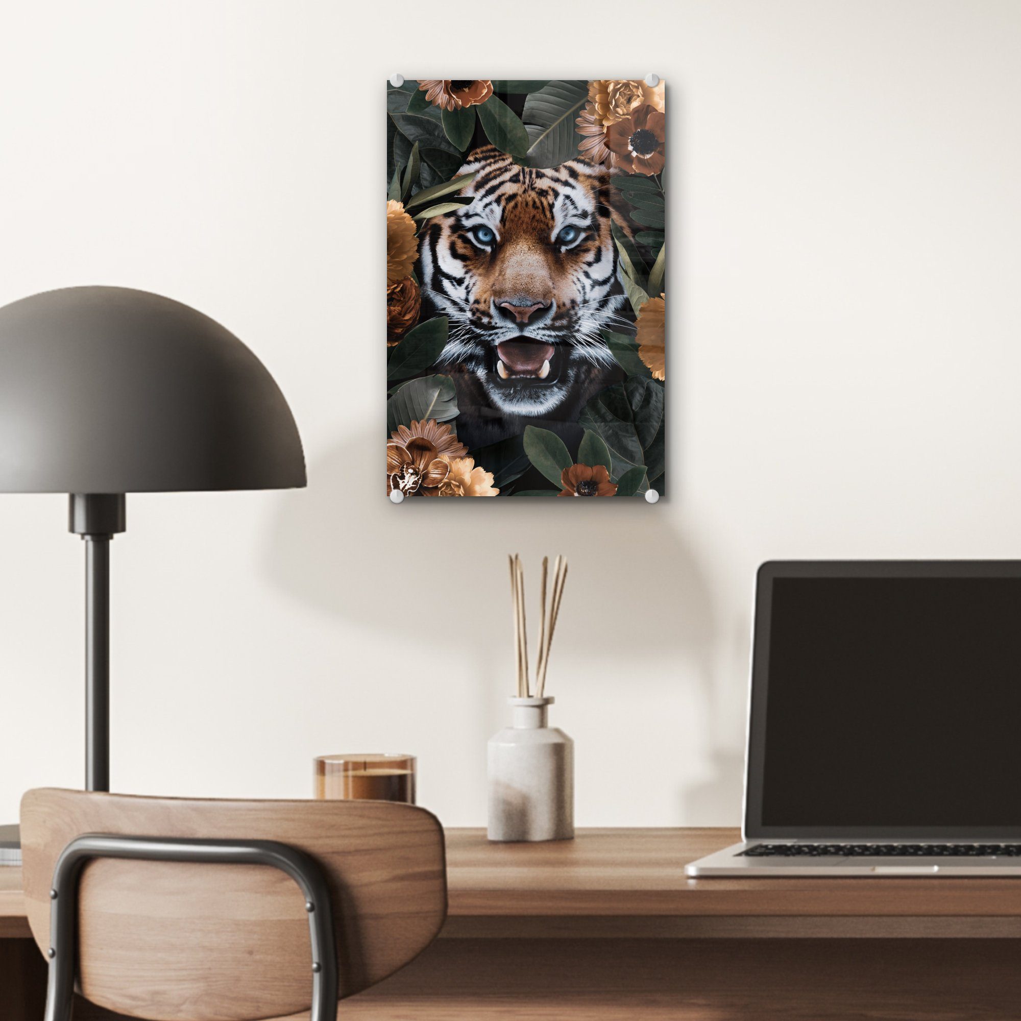 St), auf Blume, - Brüllen Acrylglasbild (1 Bilder MuchoWow Wanddekoration Foto - Wandbild - bunt Tiger - auf Glas - Glas Glasbilder