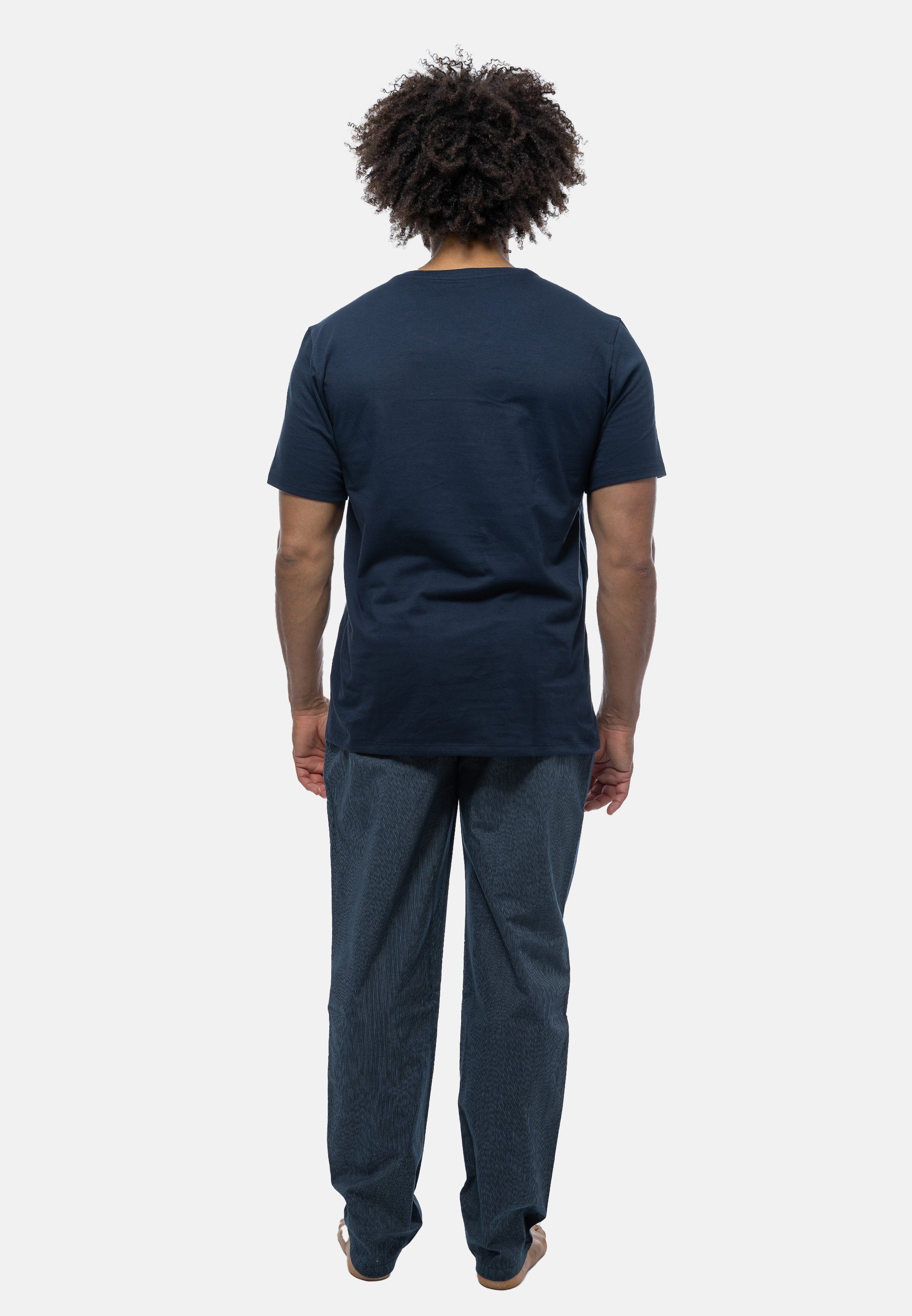 Rundhals-Ausschnitt Schlafanzug (Set, Kurzarm-Shirt - 2 Schiesser gemustert tlg) Pyjama Mix Blau mit - Baumwolle