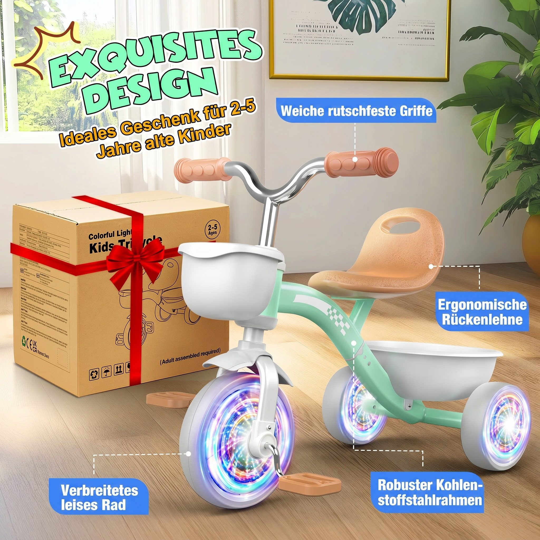 Wootoy Dreirad Kinder Dreirad Kinderfahrrad Lauffahrrad mit LED-Leuchträdern, 4-fach verstellbarem Sitz 2 Aufbewahrungskörben und leisen Rädern