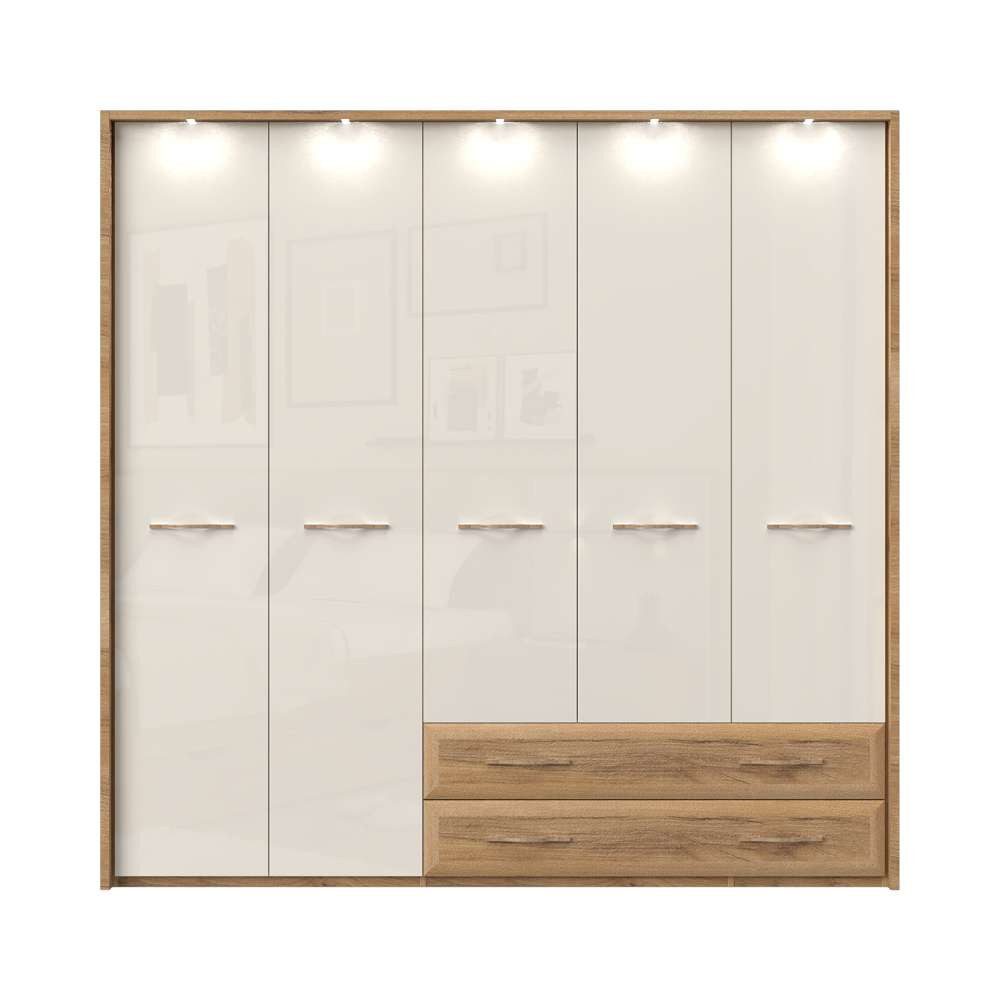 OTTO home Kleiderschrank Gala, beige hochglänzend UV lackiert, kratzfest, FSC-zertifiziert (abgerundete Schubladen aus MDF im Holzdekor, soft-close) mit Beleuchtung und Passpartourahmen, hoher Schrank (224cm), 3 Breiten