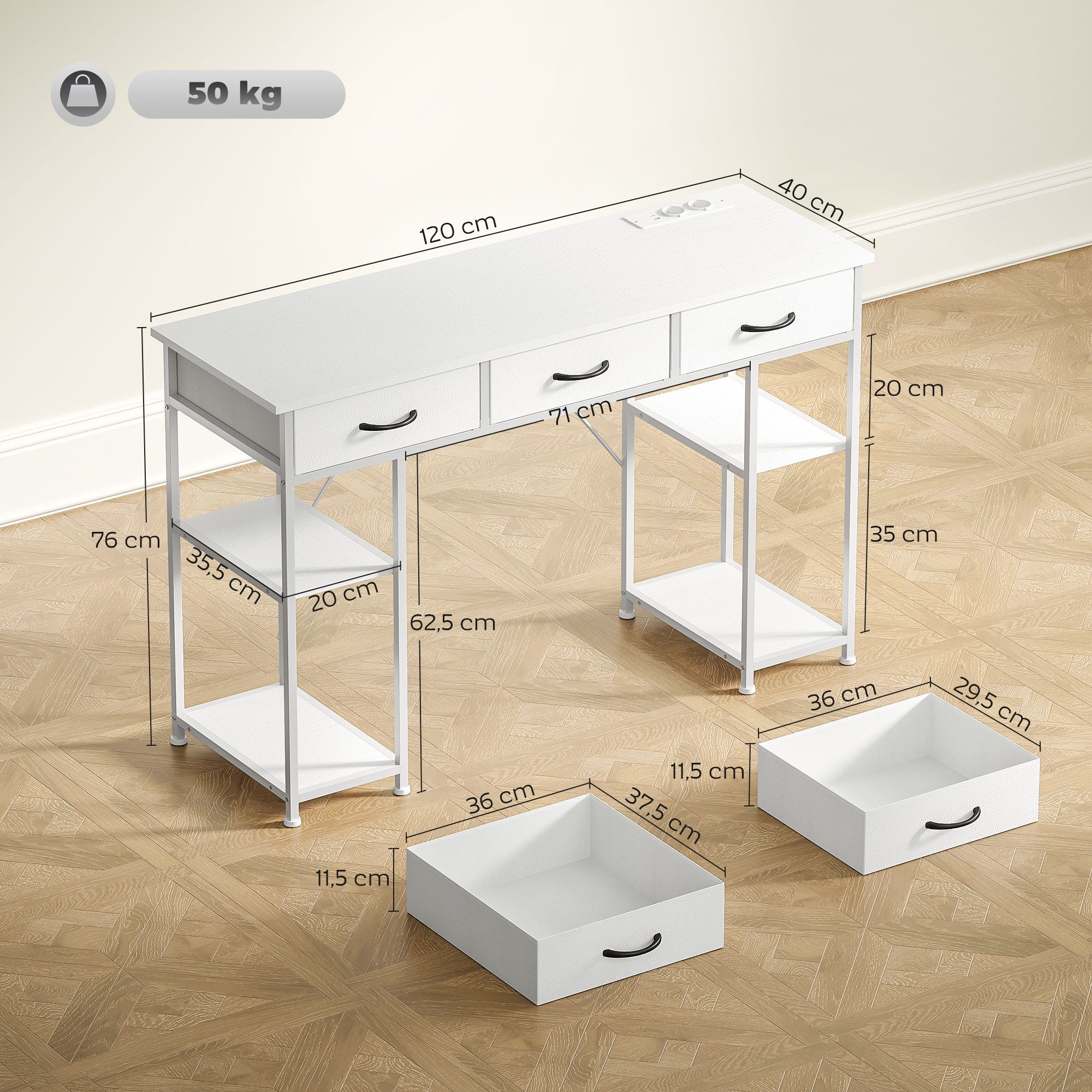 HOMCOM Schreibtisch Computertisch verstellbare Regalböden Stoffschubladen Laptoptisch (Arbeitstisch, 1-St., Bürotisch), Küchentisch mit Stahlrahmen Weiß 120x40x76 cm