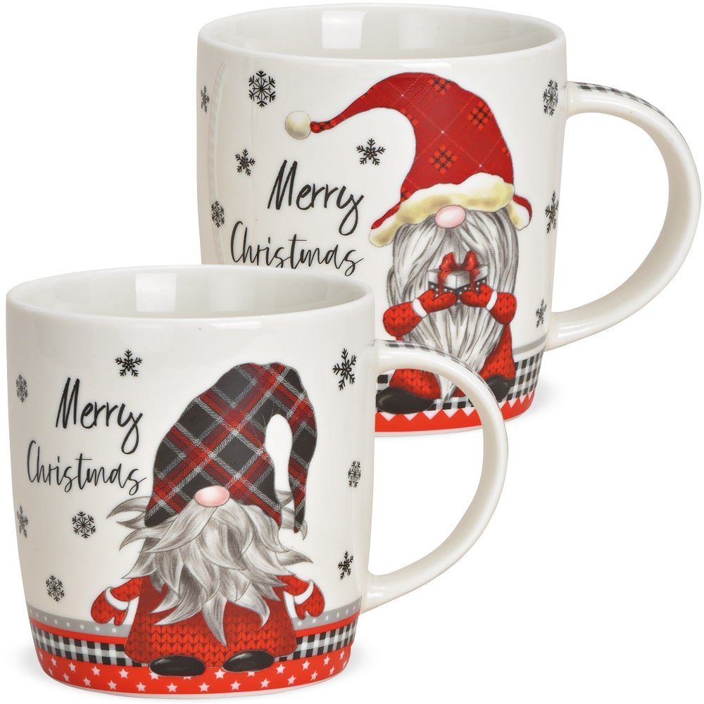 matches21 HOME & HOBBY Tasse Weihnachtstassen 36er Set mit Spruch Merry Christmas Wichtel, 36-tlg., Porzellan, Tee Kaffee-Becher Weihnachten modern grau weiss rot 340 ml
