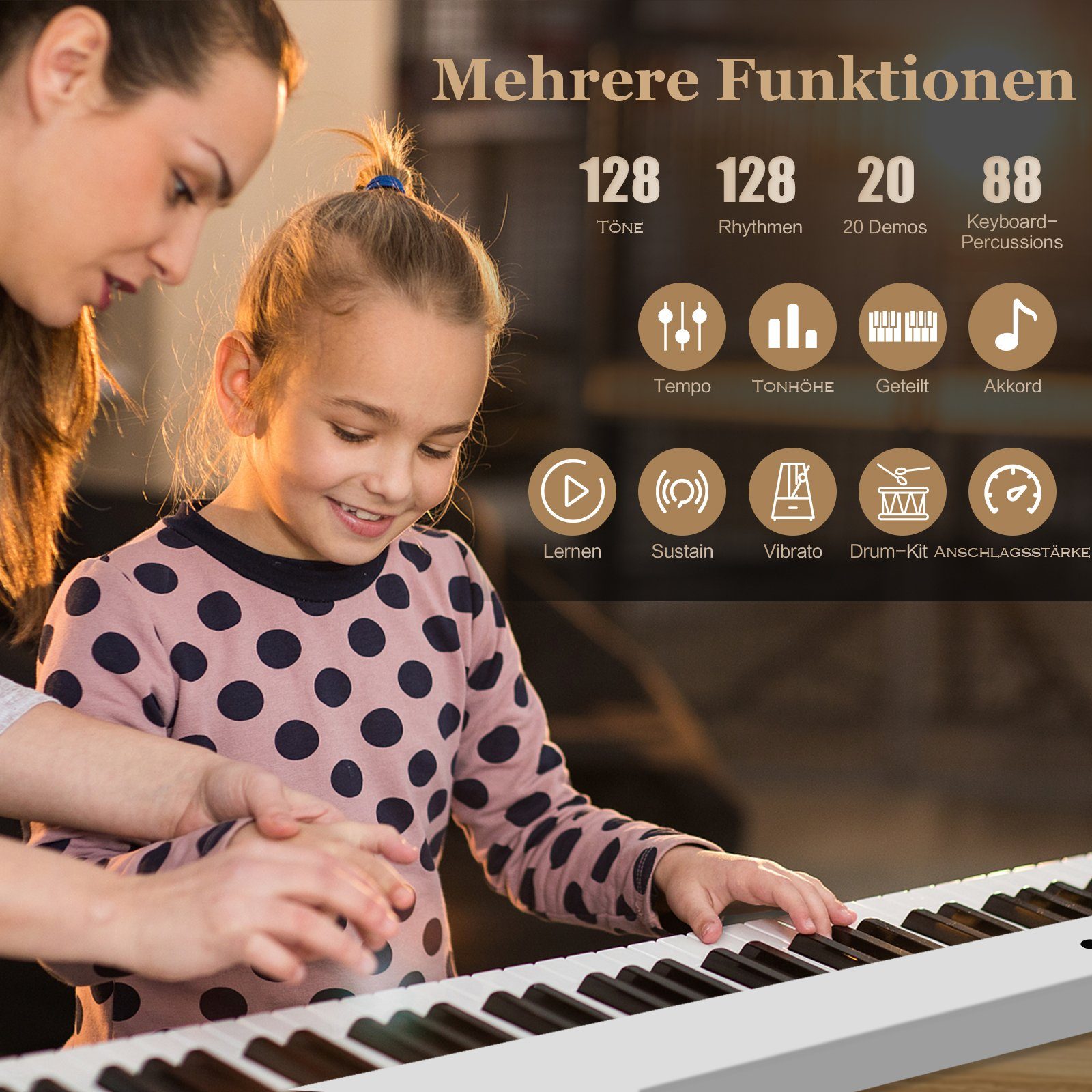 COSTWAY Home-Keyboard, 88 beleuchten Tasten, 2 Lehrmodi
