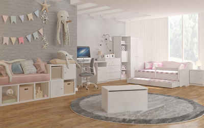 Jugendzimmer-Set Weiß, (Set, 5-St., Kinderbett mit 10cm Matratze + Kleiderschrank + Kommode + Regal + Nachttisch + Schreibtisch + Spielzeugkiste)