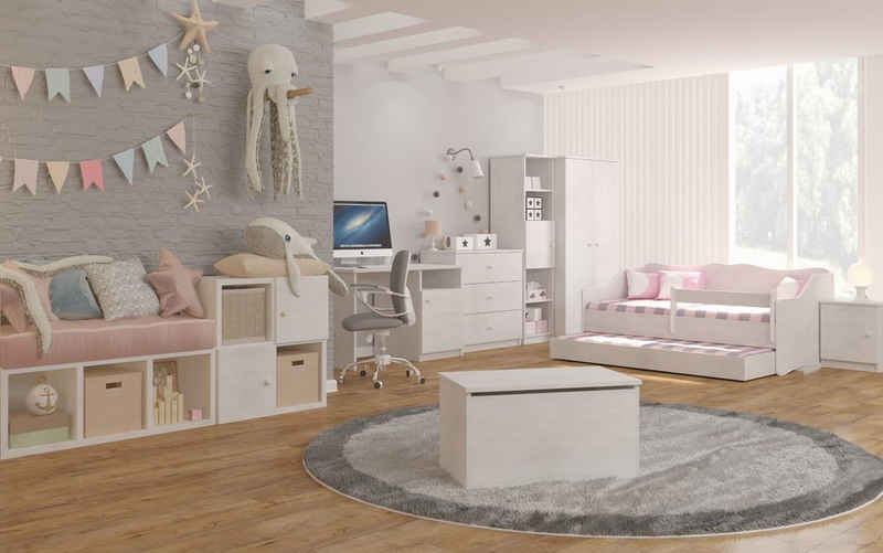 Best for Kids Jugendzimmer-Set Weiß, (Set, 5-St., Kinderbett mit 10cm Matratze + Kleiderschrank + Kommode + Regal + Nachttisch + Schreibtisch + Spielzeugkiste)