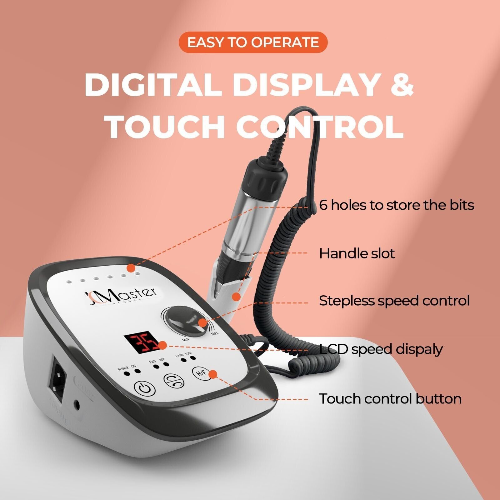 JCMaster Maniküre-Pediküre-Set Nagelfräser Profi 35.000 U/Min, inkl 6x Bits, elektrische Nagelfeile für Gelnägel Acrylnägel, mit Fußpedal