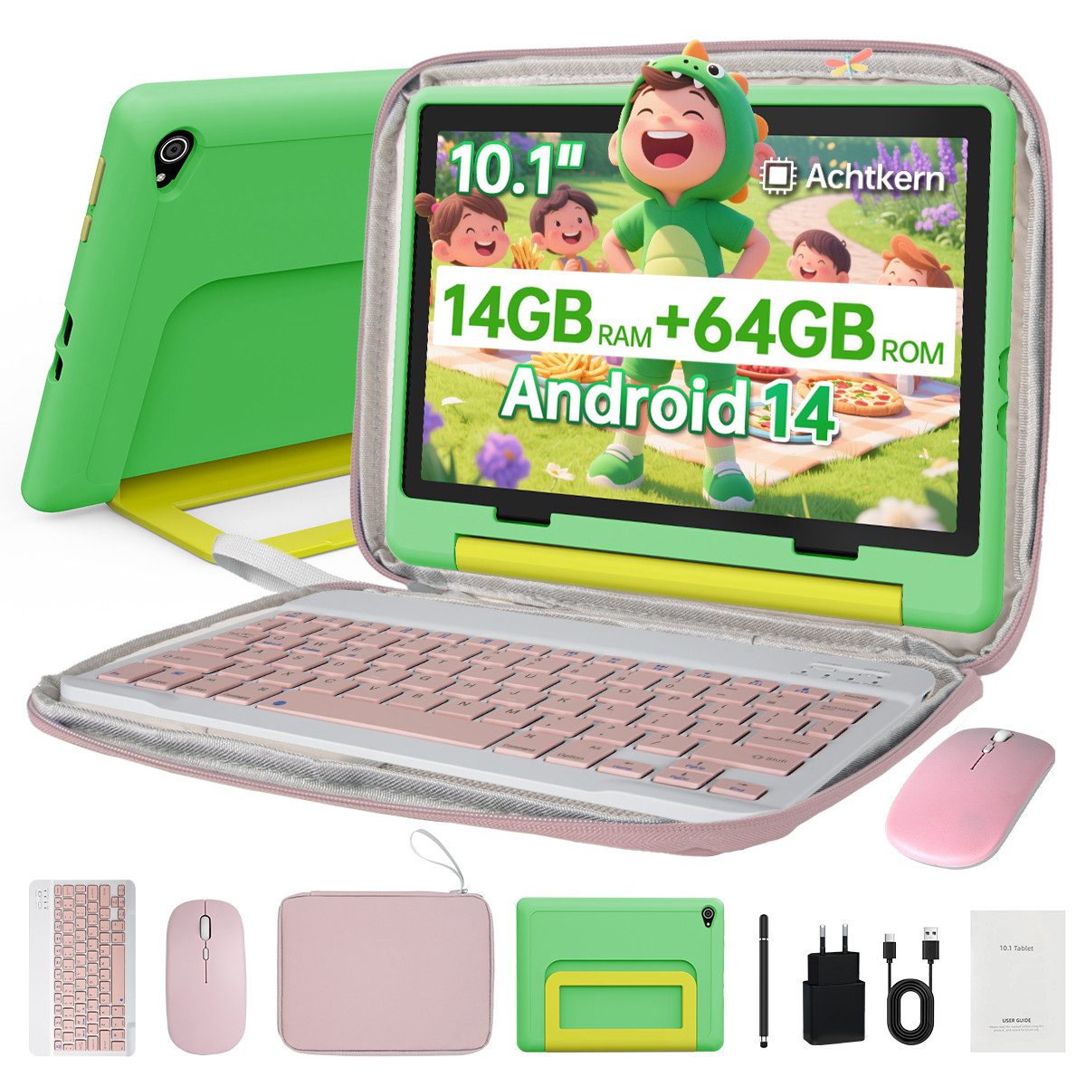 BUFO Android 16 10-Zoll, 24(3+21) GB RAM + 64 GB ROM (TF Expand 1TB) Kinder Tablet (10", 64 GB, Android 16, WiFi 6, Android 15, HD IPS 1280x800 mit Tastatur, Maus, Stift und Tasche)