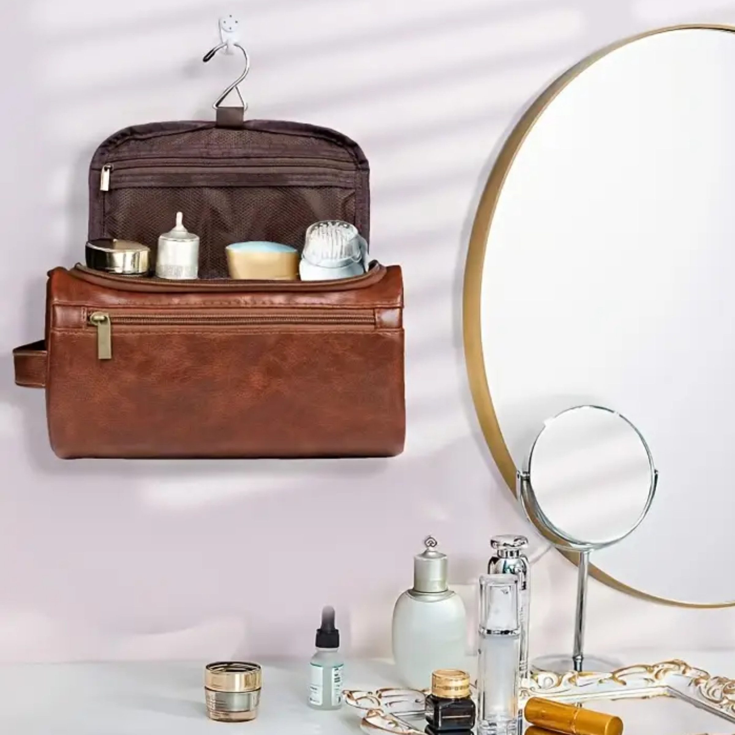 Renna Leather Kulturbeutel Kulturbeutel Leder Kosmetiktasche mit 2 Fächern für Reise