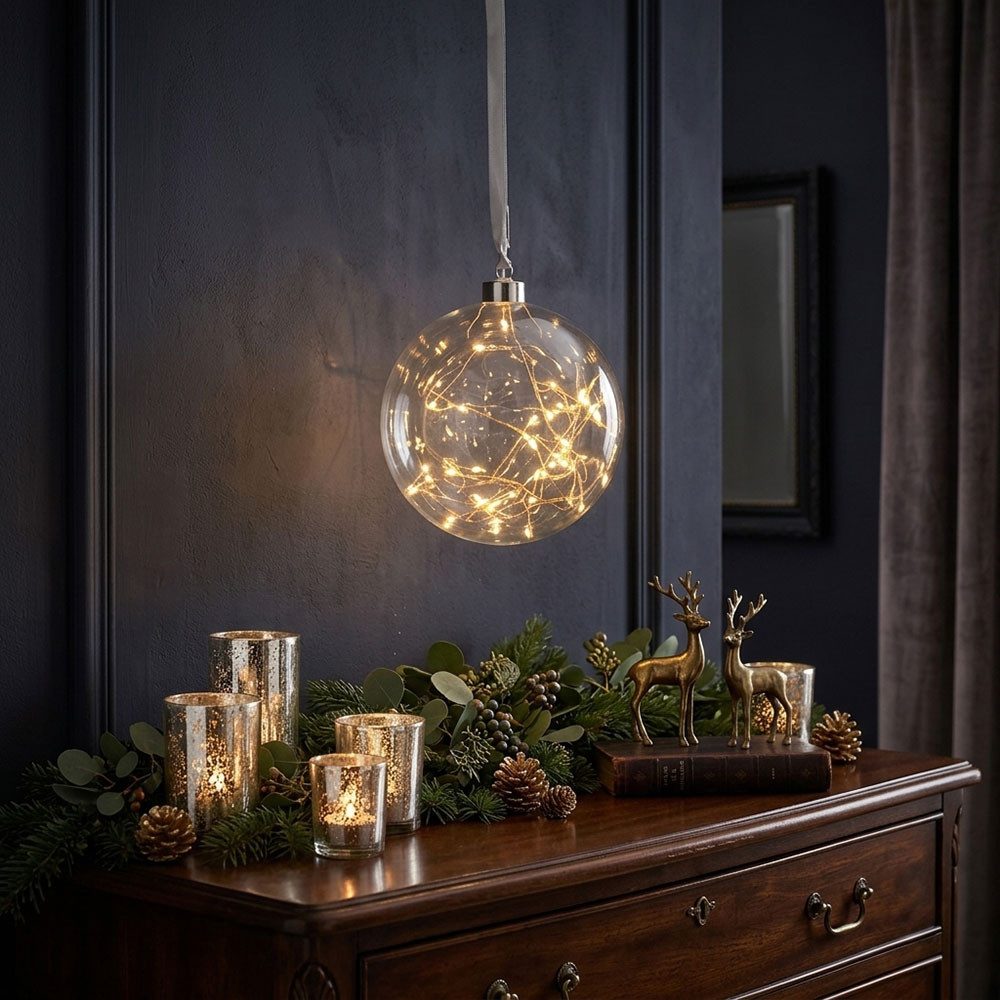 EGLO LED Dekolicht, LED-Leuchtmittel fest verbaut, Warmweiß, LED Fensterdekoration Weihnachtsbeleuchtung Kugel Glas klar D 15 cm
