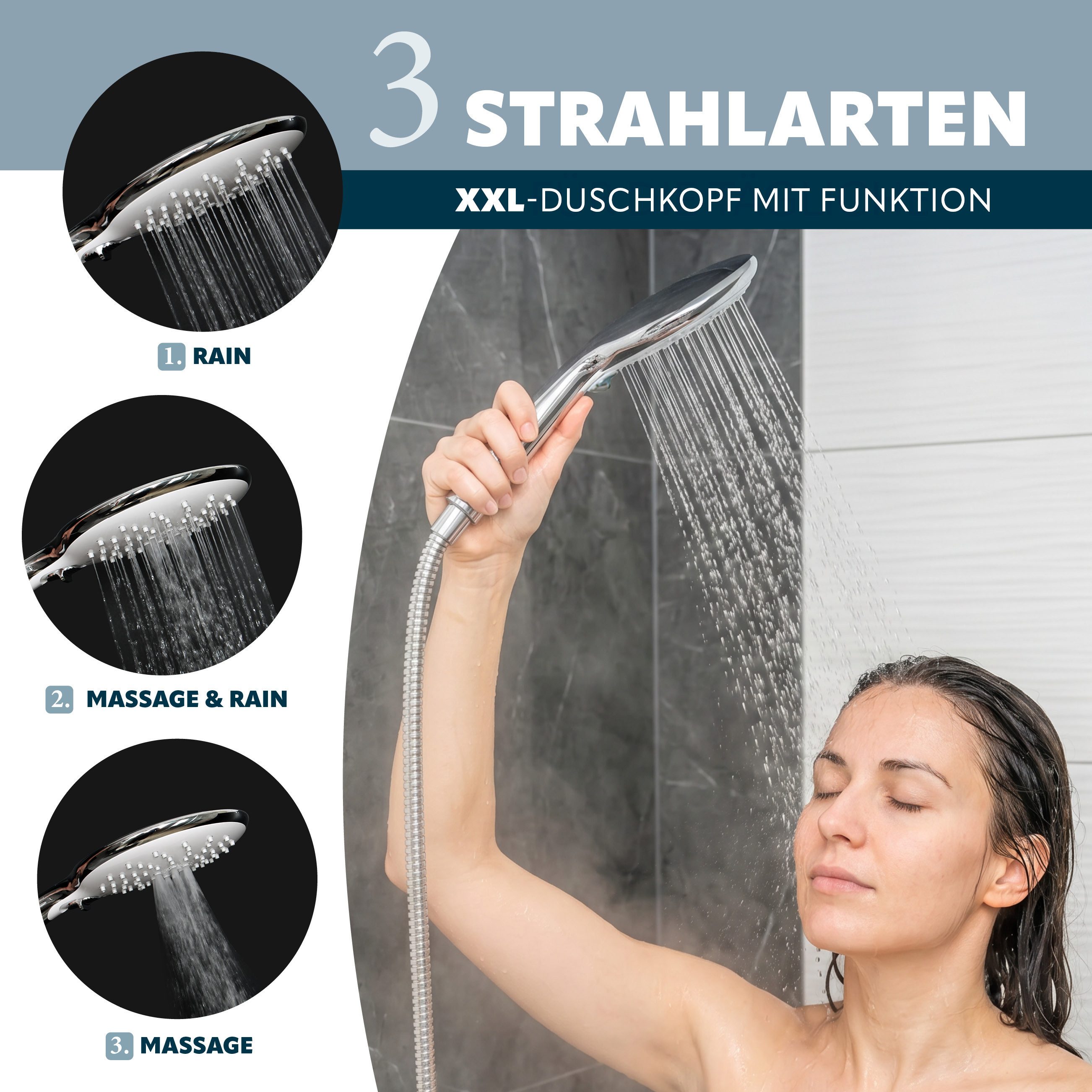 eluno Handbrause flach, mit farbiger Strahlscheibe, 15cm-Durchmesser, (3-tlg., Handbrause, Brauseschlauch, Wandhalterung), Wandhalterung zum Kleben