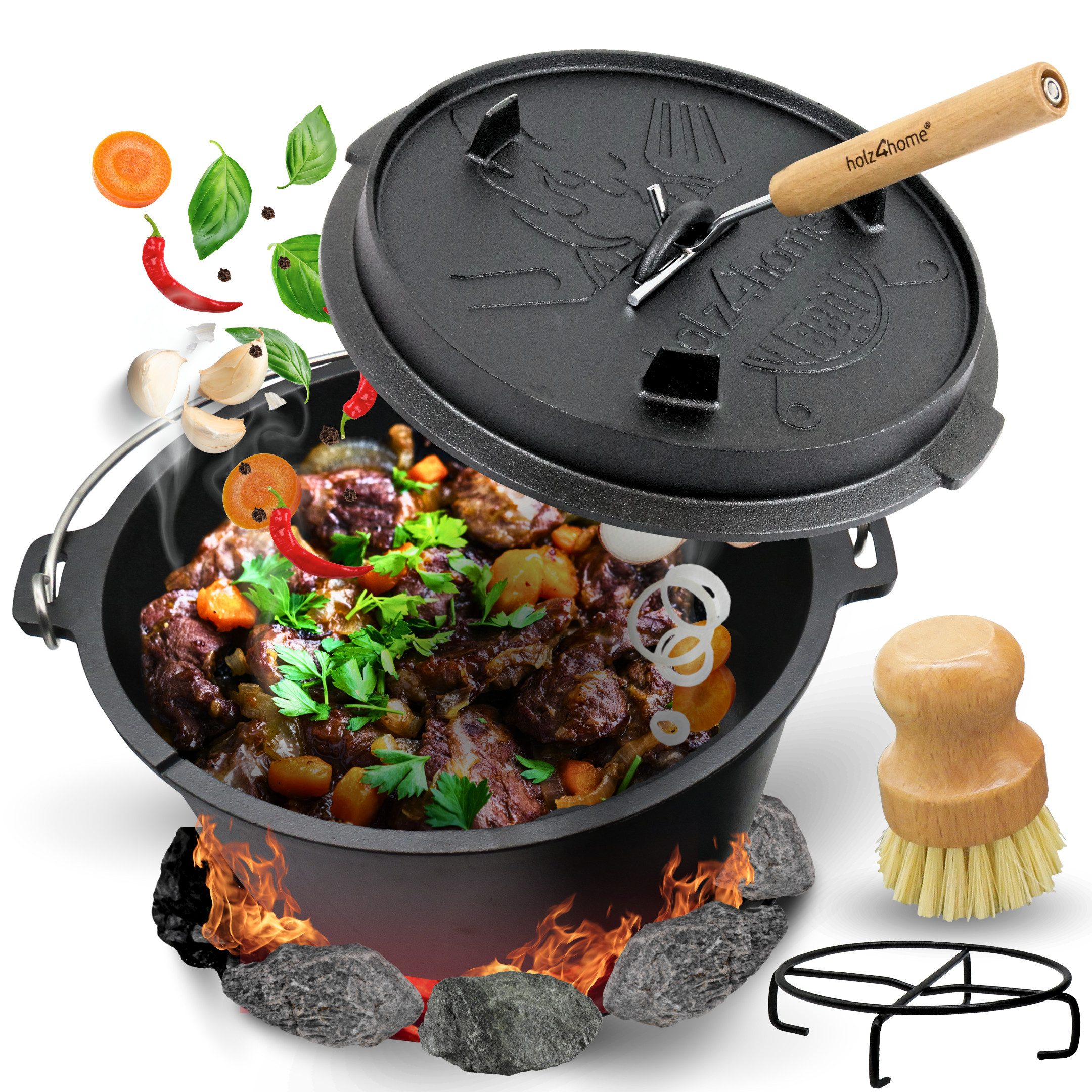 holz4home® Grilltopf Dutch Oven Set aus Gusseisen I Dopf Feuertopf Schmortopf Кастрюли жаровни, Gusseisen (5-tlg), inkl. Deckelheber
