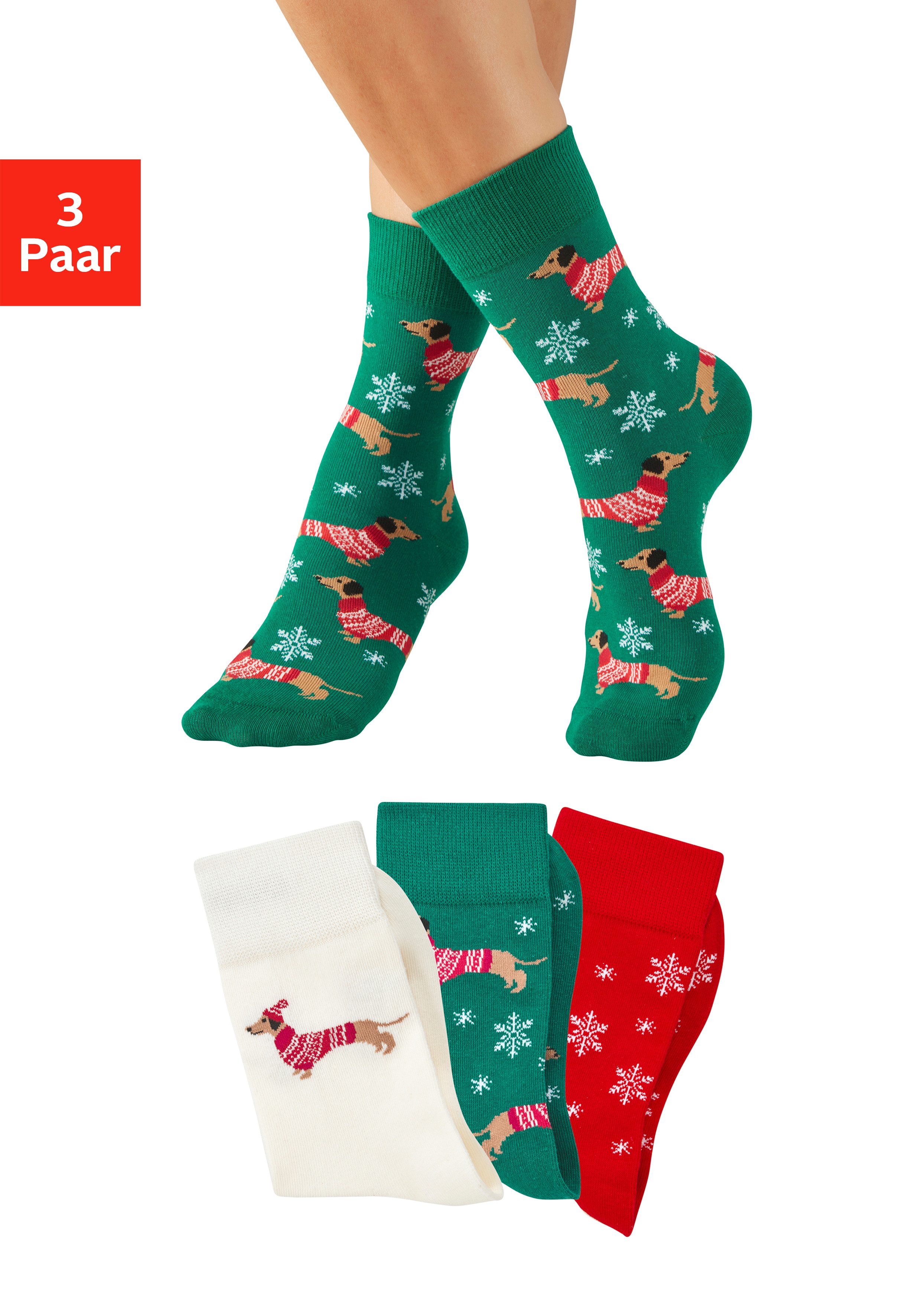 LASCANA Freizeitsocken Weihnachtssocken (Packung, 3-Paar) mit lustigen Dackelmotiven