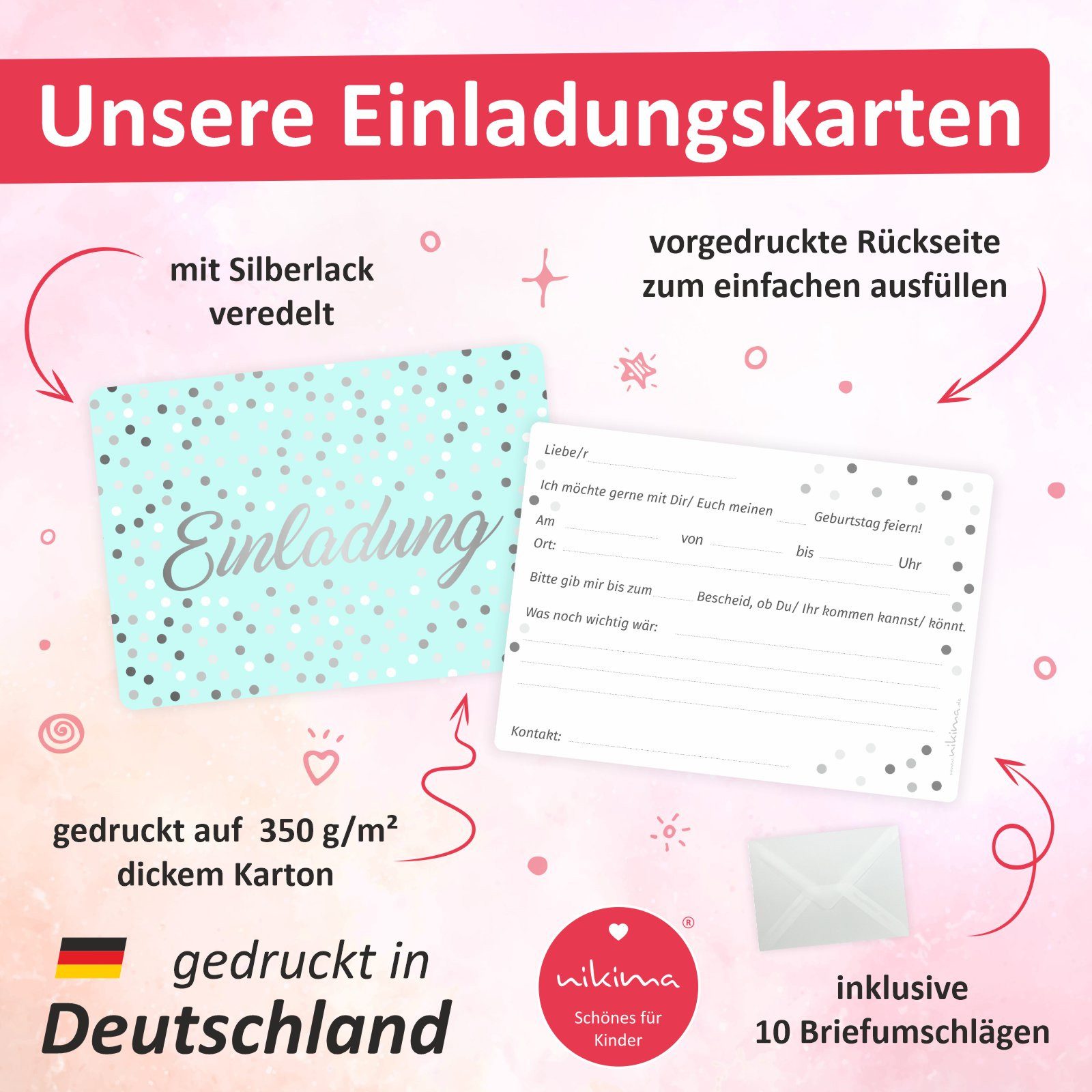 nikima Einladungskarten 10 Einladungskarten Mint mit Silberlack inkl. Umschlag