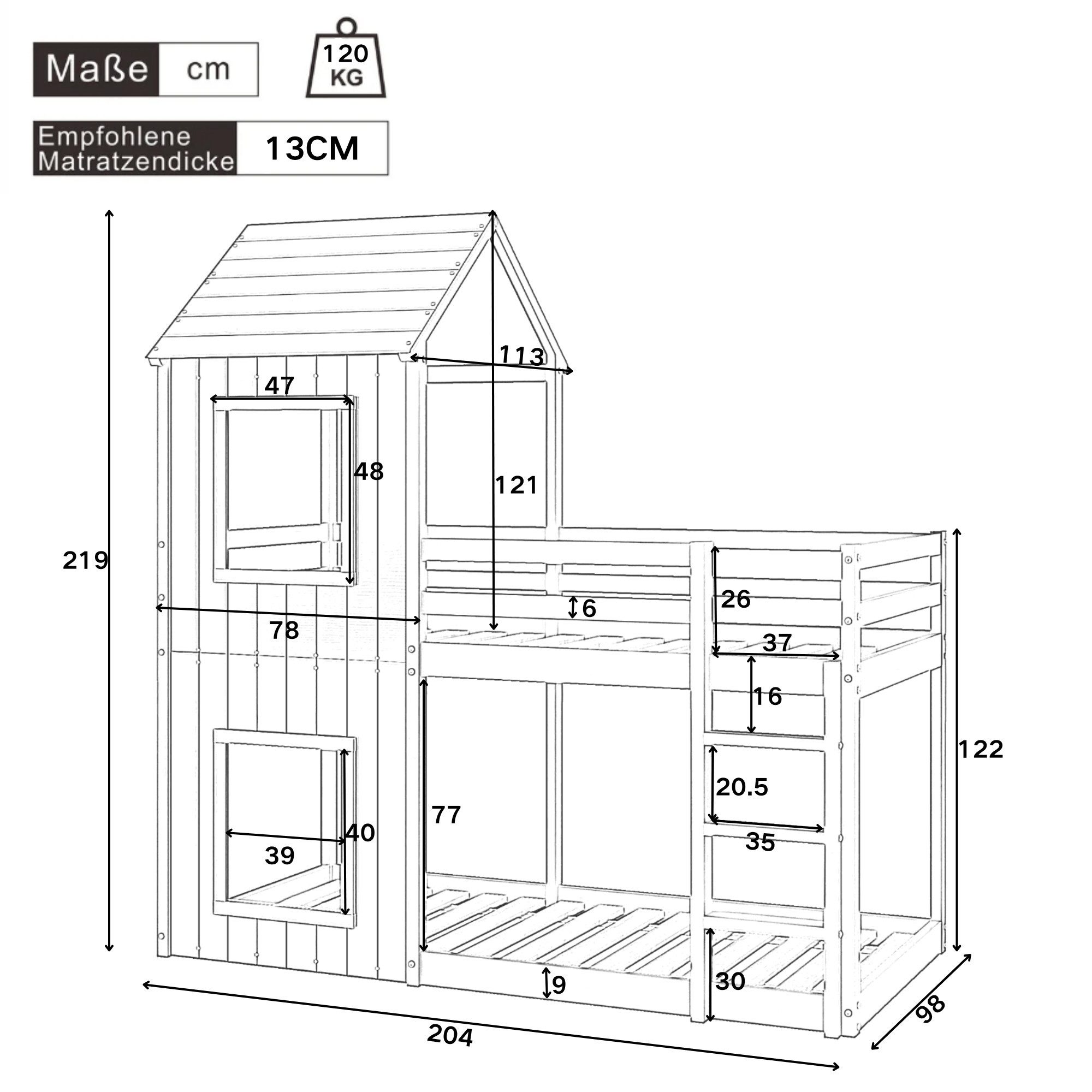 Ulife Etagenbett weiß, Kinderbett 90*200cm, Massivholz Hochbett Hausbett, m günstig online kaufen