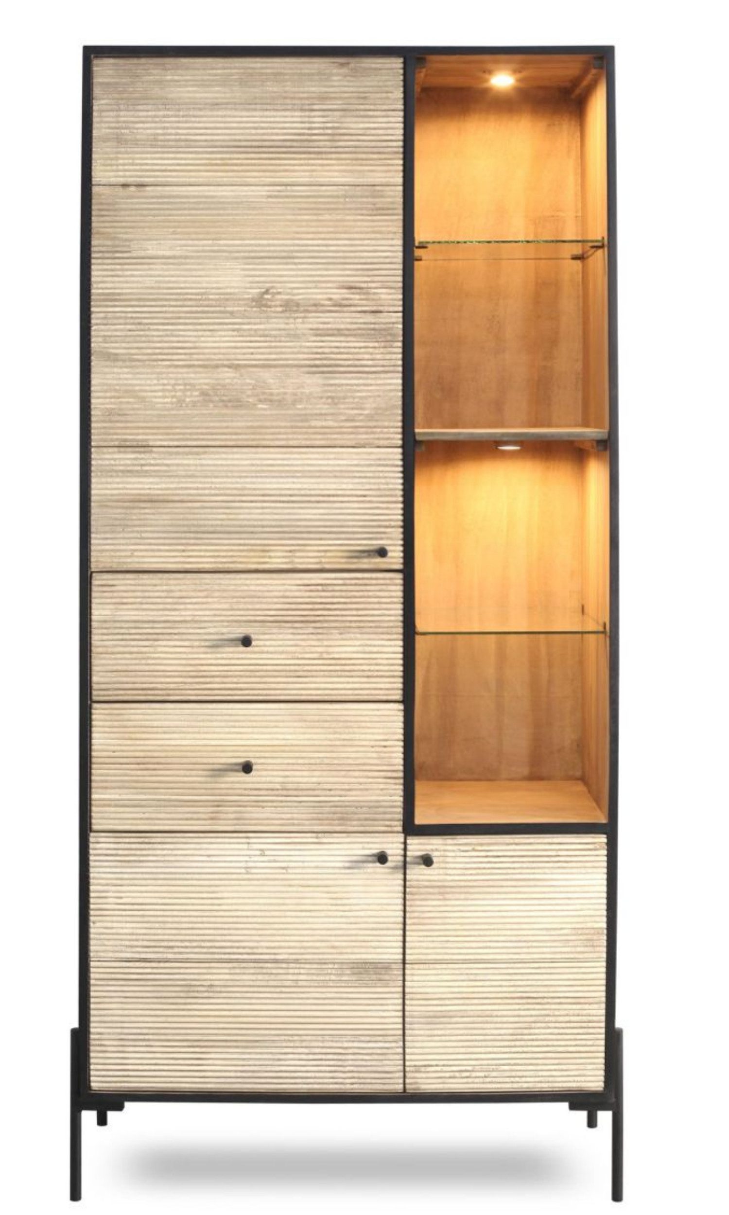 WOLF MÖBEL Vitrine REEL Schrank 2 Schubl./3 Türen /1 Ablage/2 Glasb./Licht (88 x 40 x 195)