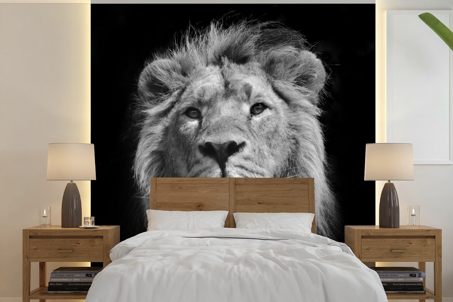 MuchoWow Fototapete Löwe - Tier - Schwarz - Weiß, Matt, bedruckt, (5 St), Vinyl Tapete für Wohnzimmer oder Schlafzimmer, Wandtapete