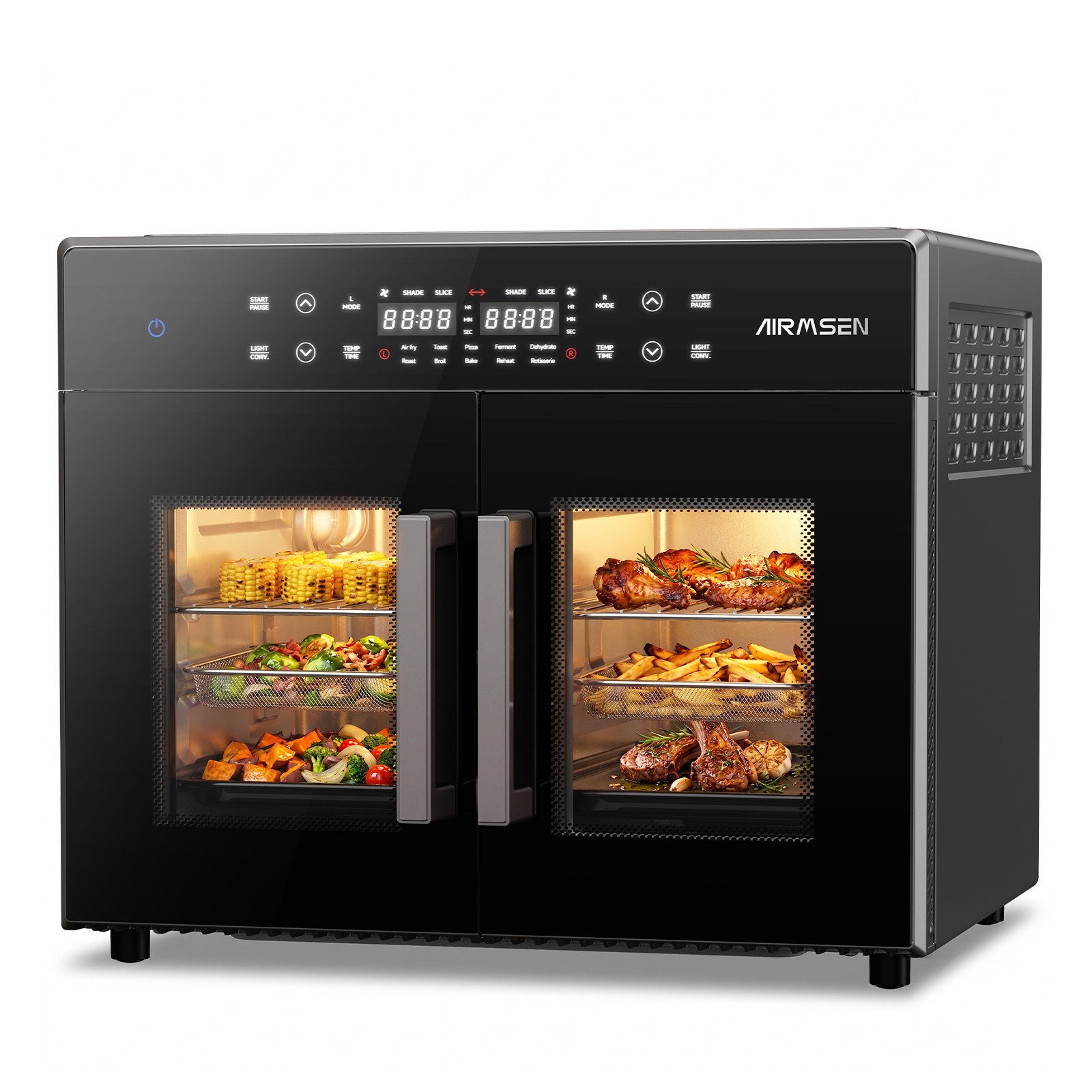 Airmsen Backofen/Kühlumbauschrank 30L XL Heißluftfritteuse mit Doppeltür,2400W Minibackofen Umluft 10 voreingestellte Programme,Smartes Zwei-Zonen-Garen,11 Zubehör