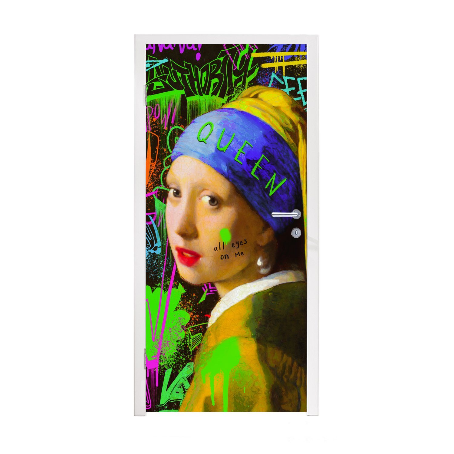 MuchoWow Türtapete Mädchen mit Perlenohrring - Graffiti - Neon, Matt, bedruckt, (1 St), Fototapete für Tür, Türaufkleber, 75x205 cm