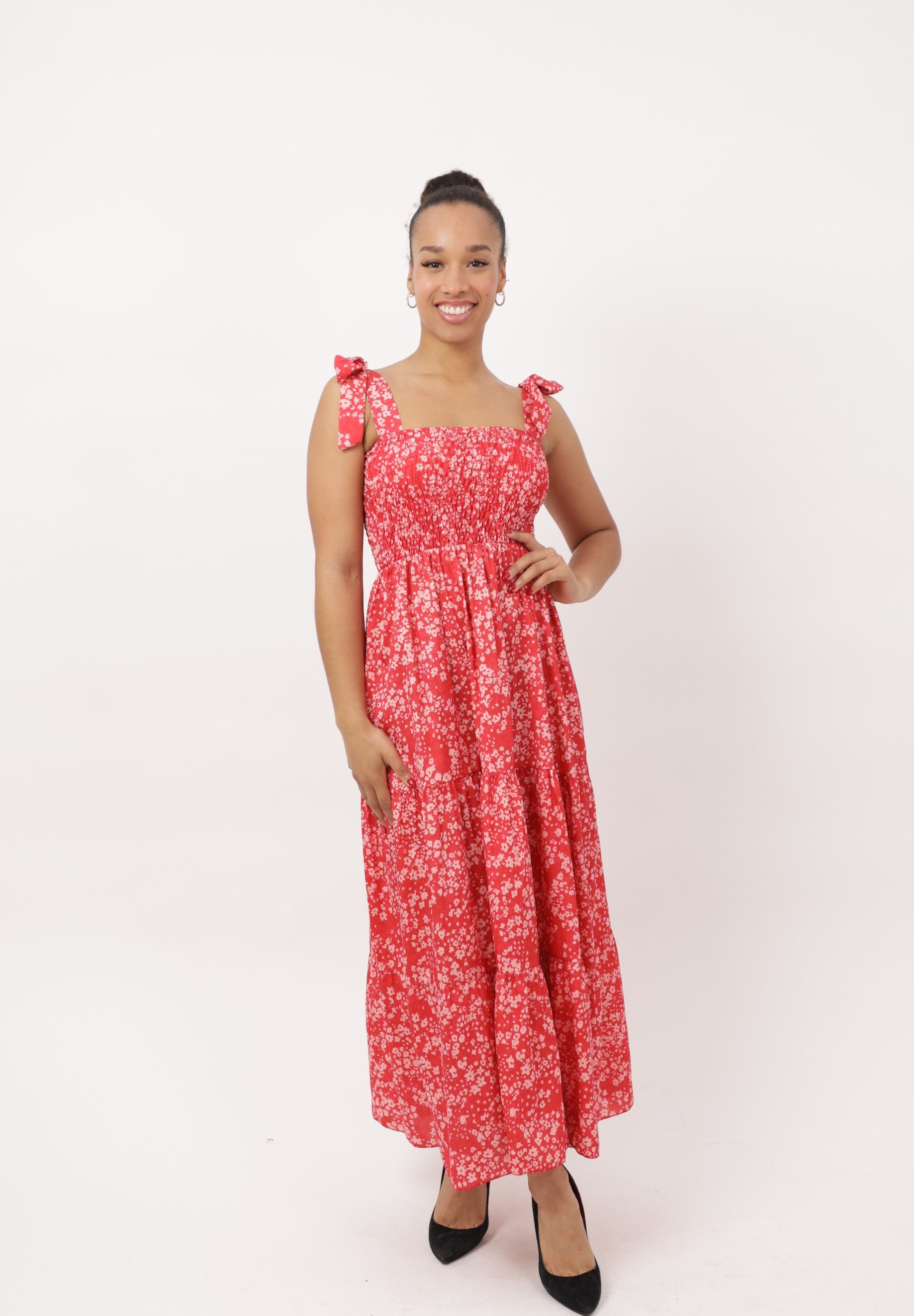 Elara Maxikleid Damen Maxikleid mit Blumenmuster und Schleifenträgern (1-tlg)