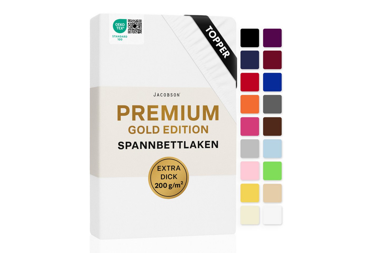 Jacobson Spannbettlaken TOPPER PREMIUM 200 g/m² Jersey aus 97% Baumwolle & 3% Elasthan, Extra dichtes Bettlaken für maximalen Halt