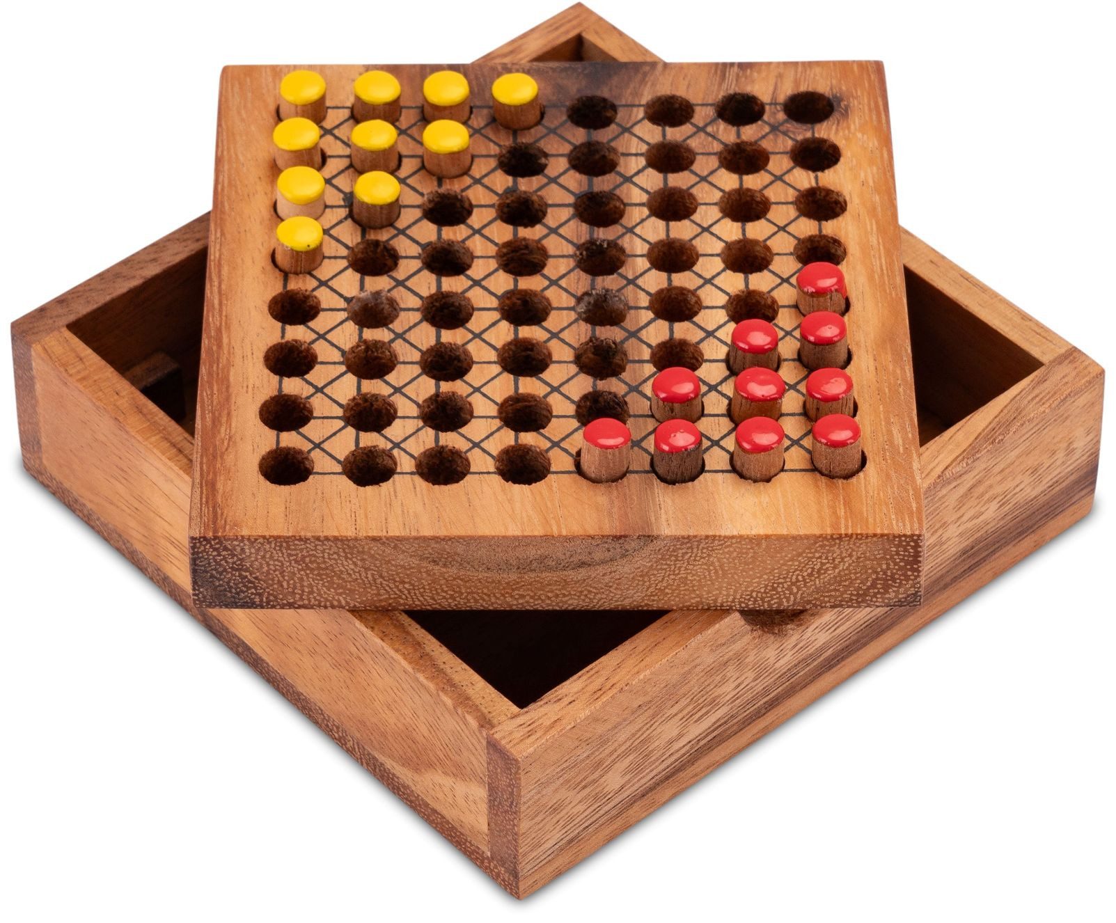 LOGOPLAY Spiel Halma Reisevariante Gelb Rot, Gesellschaftsspiel, Halma Reisespiel klassisches Strategiespiel im Mini-Holzkasten für 2
