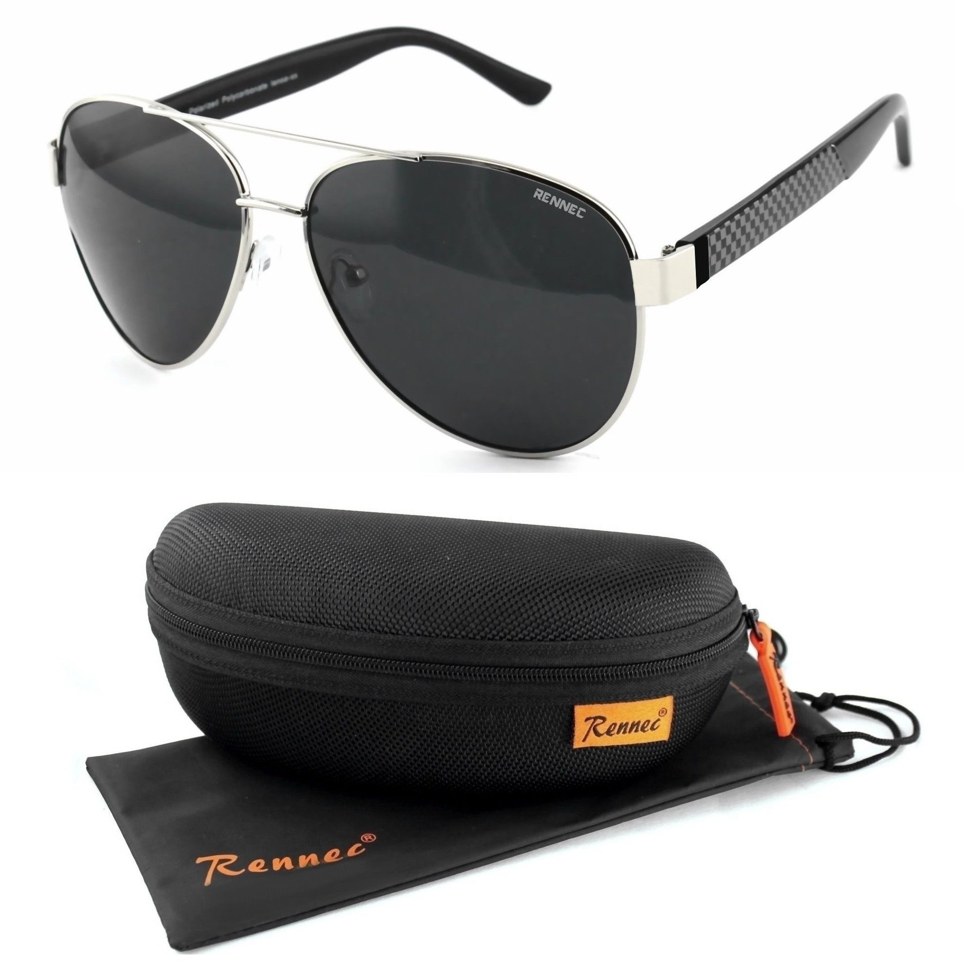 Rennec Sonnenbrille (Große Pilotenbrille Polarisiert Silber Chrom Schwarz mit Hardcase) Polarisierte Gläser Schwarz Getönt, sportlich breite Brillenbügel