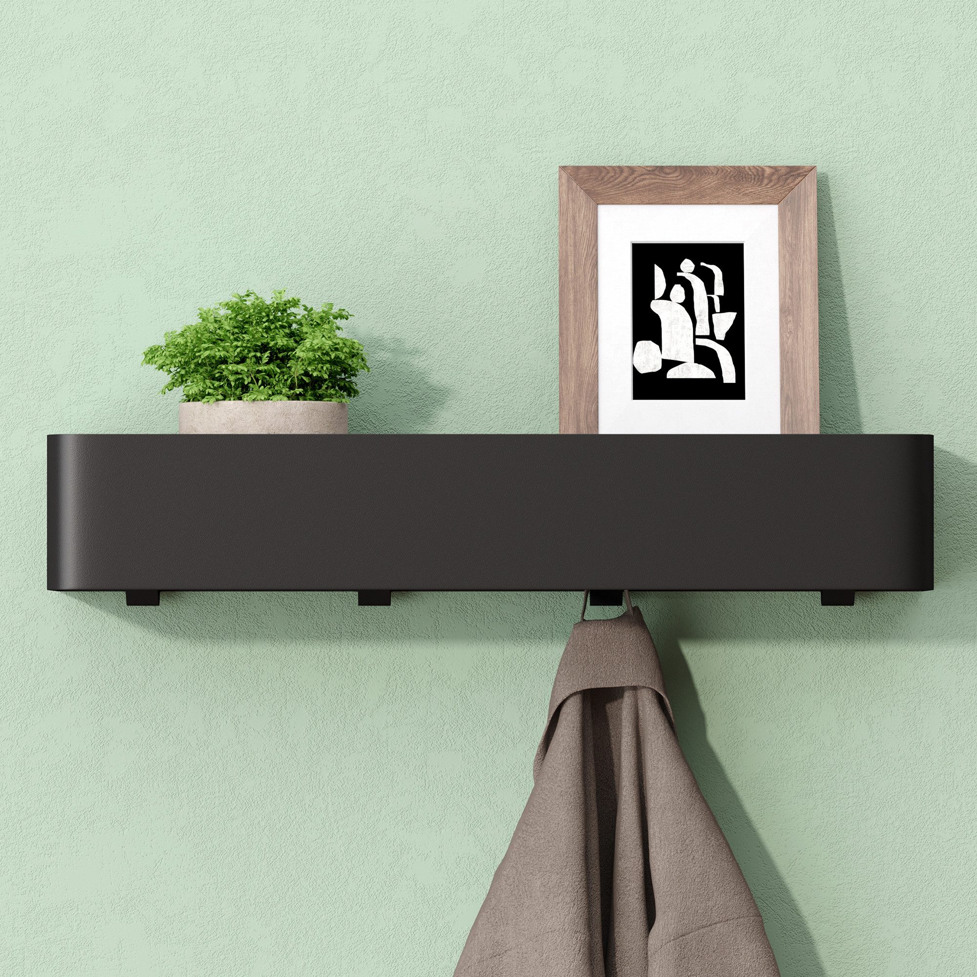 Mai & Mai Wandgarderobe Garderobenleiste mit Ablage zur Wandmontage multifunktional Reglo-05, Pulverbeschichtung, abgerundete Kanten, Abnehmbares Design