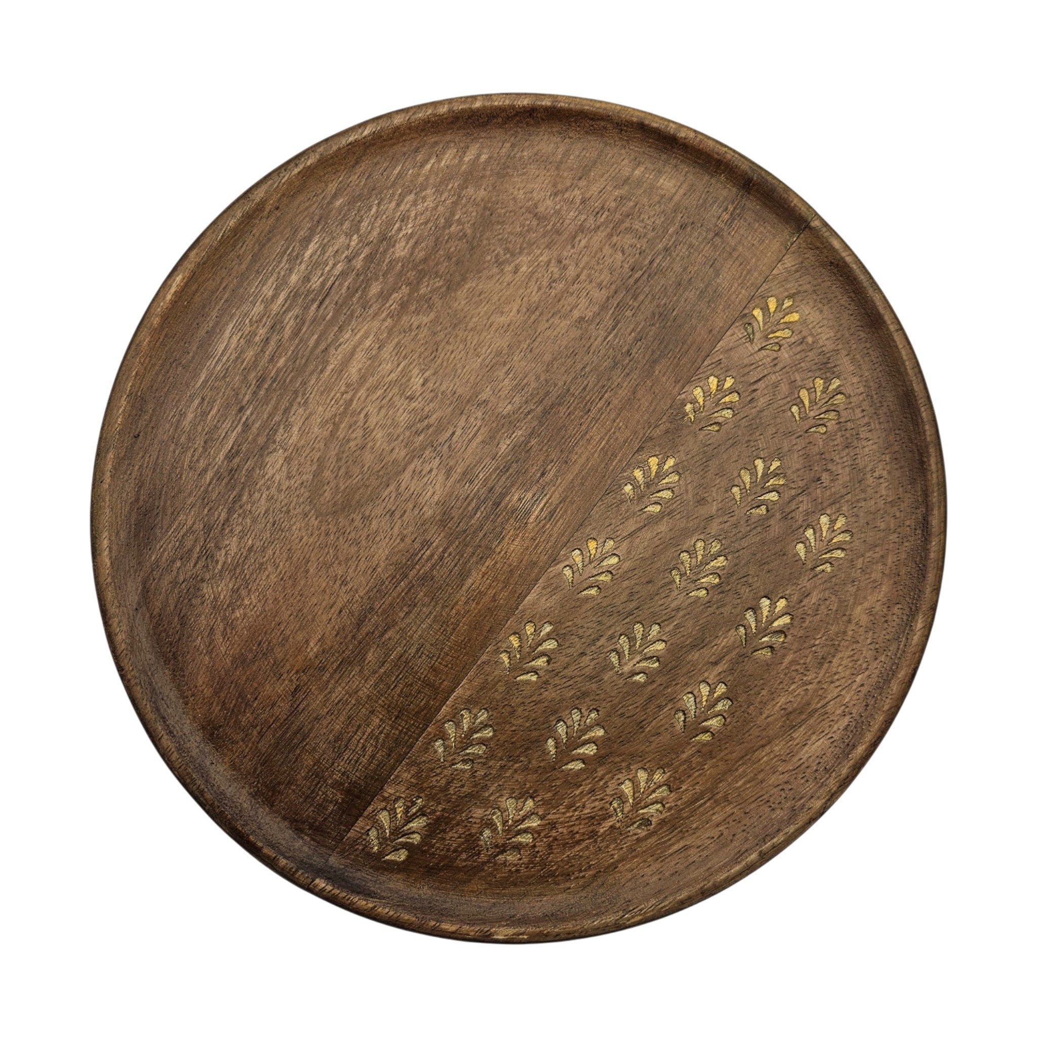 Meinposten Dekoteller Holzteller Kerzenteller rund 22 o 30 cm Blattmuster braun Mangoholz (1 St)