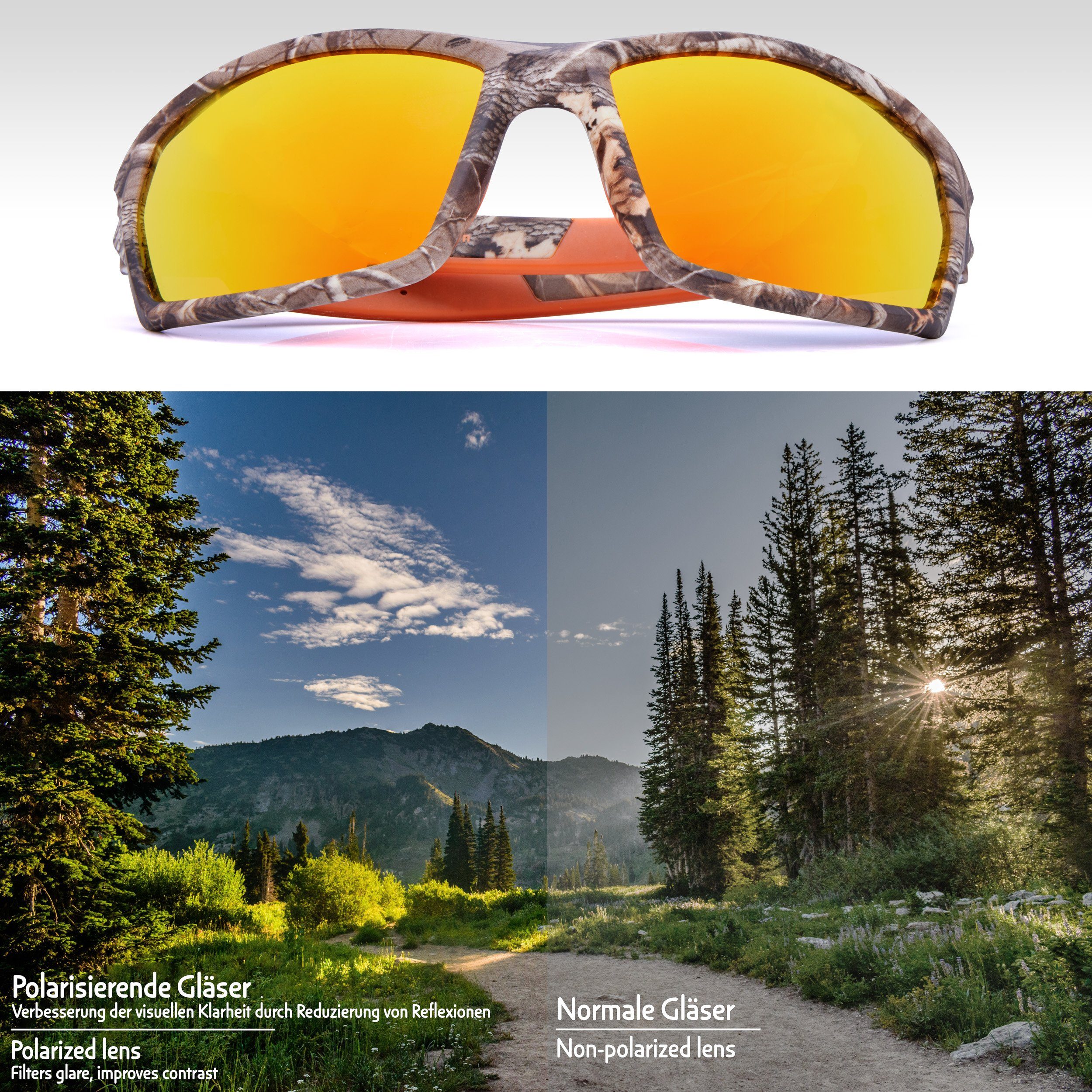 und für mit Orange Sonnengläser UV-Schutz Camouflage Sonnenbrille Polarisierte Outdooraktivitäten BRUBAKER Indoor- Brille