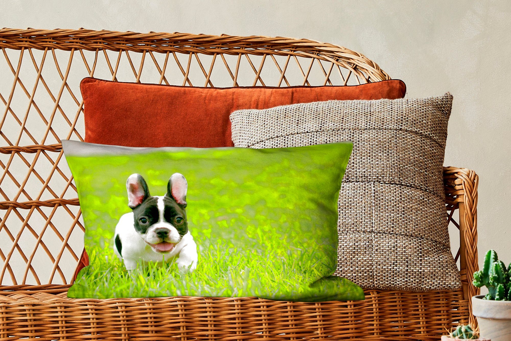 MuchoWow Dekokissen Französische Bulldogge Gras, Dekoration, Füllung, - Wohzimmer Zierkissen, Welpe Dekokissen - Schlafzimmer mit