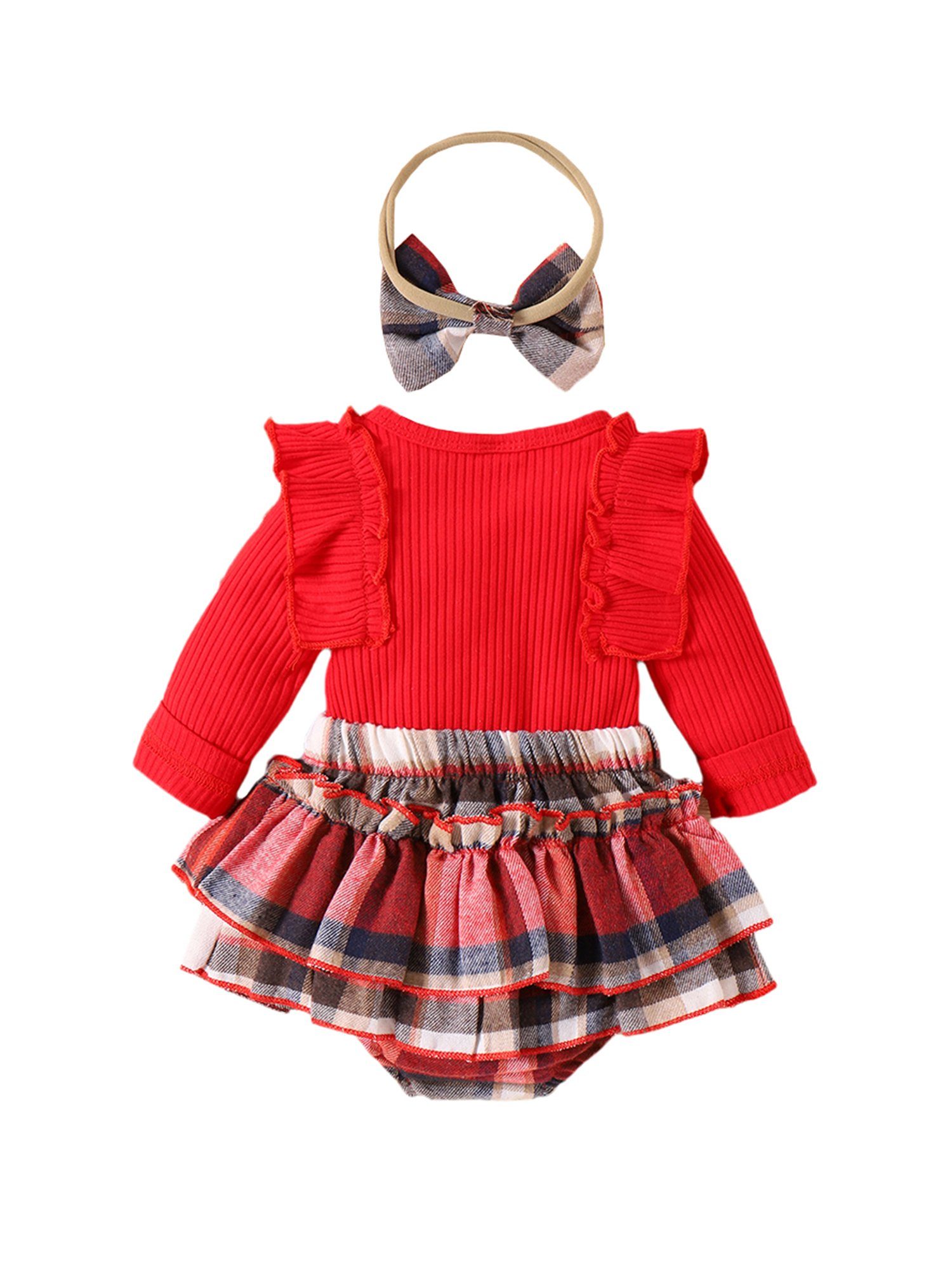 3-tlg) Mädchen Baby Strampler, Haarband Dreiteiliges Dreiecksshorts Herbst-Langarmset Rot für (Set, LAPA und Einfarbiger Strampler