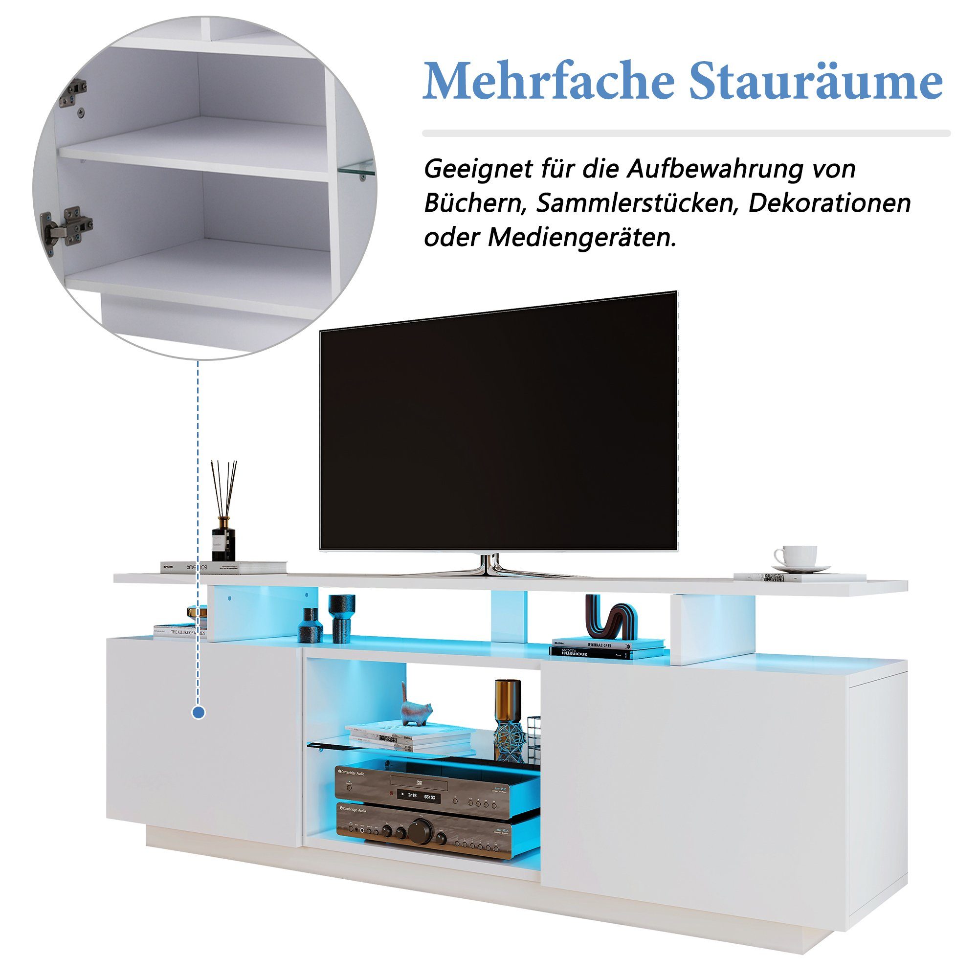 OKWISH TV-Schrank Moderner weißer TV-Schrank 16-farbiger mit LED-Beleuchtung